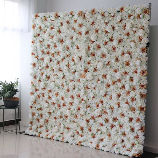 Valar Flowers' Elysian Meadows: A large artificial flower wall features a dense arrangement of white roses, each with a delicate brown - edged center. The uniform, lush blooms create a sophisticated, elegant backdrop, perfect for adding a touch of romance and refinement to events or decor. 