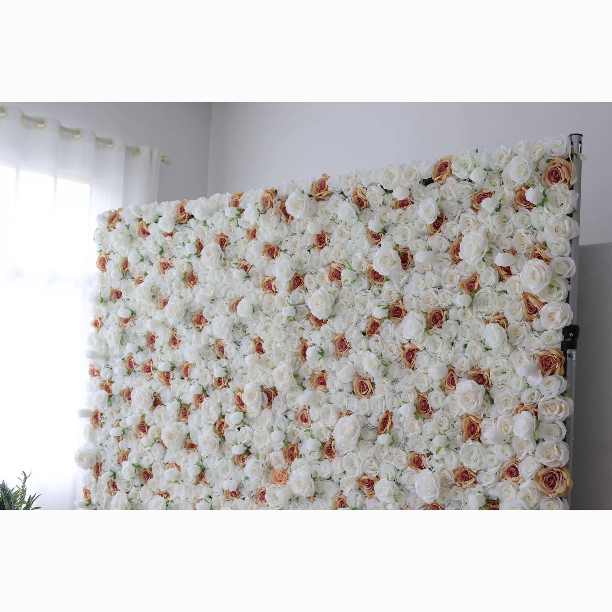 A large artificial flower wall showcases a dense arrangement of white roses, each with a delicate brown - edged center. The uniform, lush blooms create a sophisticated, elegant backdrop, perfect for adding a touch of romance and refinement to events or decor. 