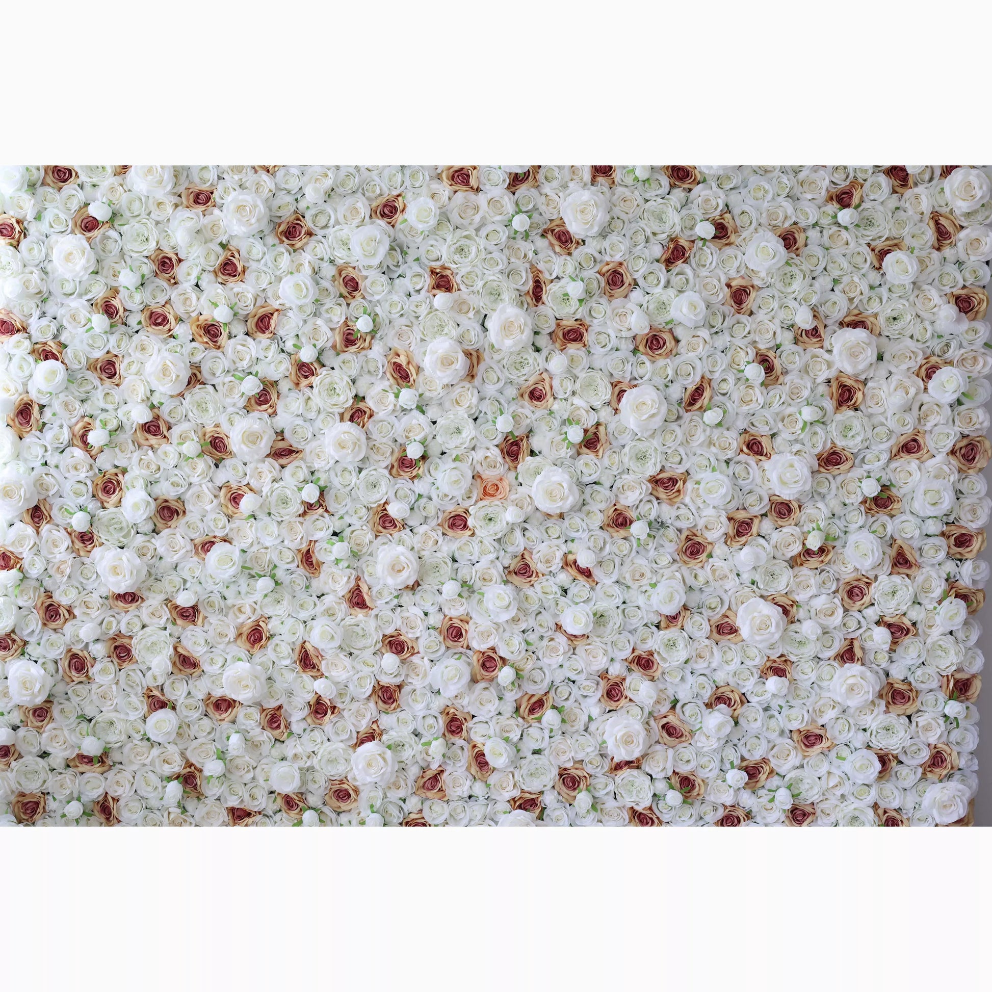 A massive artificial flower wall features a dense arrangement of white roses, each with a charming brown - edged center. The uniform, lush blooms create a sophisticated, elegant, and romantic backdrop, ideal for adding a touch of refinement to events like weddings or photo shoots. 