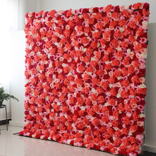 Valar Flowers' Crimson Cascade: A large artificial flower wall bursts with color! Dense clusters of blooms in shades of coral, pink, white, and deep red create a vibrant, eye - catching display. The mix of flower types and rich hues forms a lush, romantic backdrop, perfect for adding a lively, decorative touch to events or spaces. 