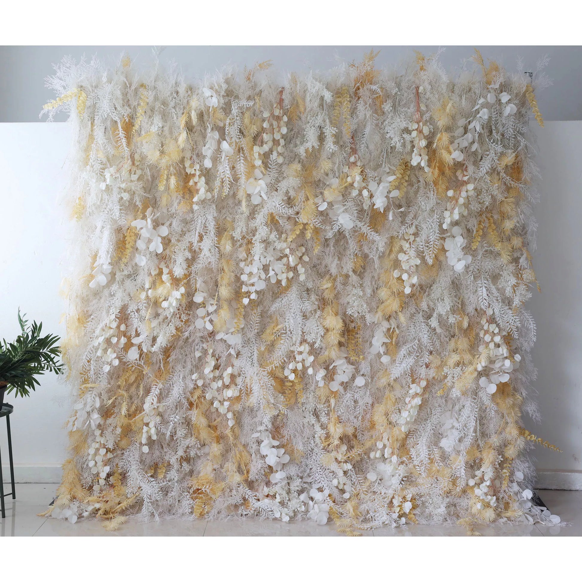 ValarFlowers golden artificial flower wall with silk roses peonies, luxury wedding backdrop, event decor, greenery panel
