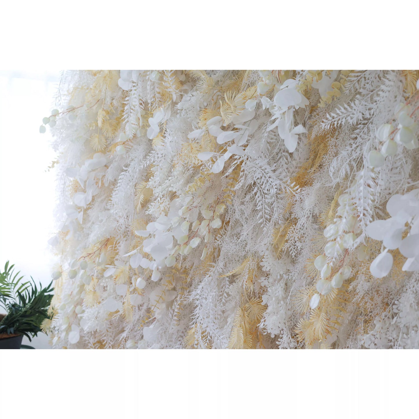 ValarFlowers Golden Gossamer luxury artificial flower wall with gilded roses peonies hydrangeas for wedding backdrop photo booth event decor