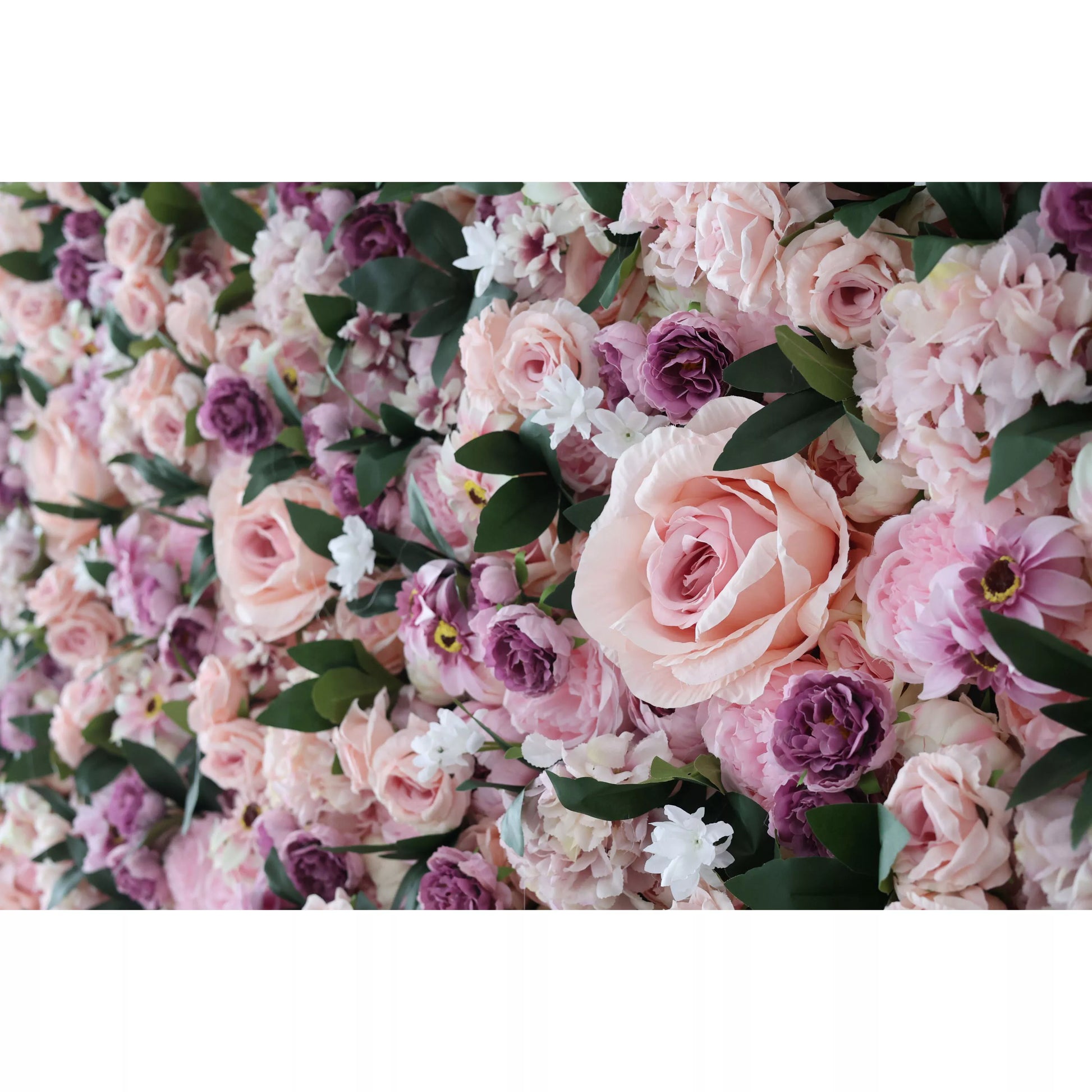 ValarFlowers artificial flower wall backdrop with lush roses, peonies, hydrangeas in soft pink and ivory, luxury wedding event decor