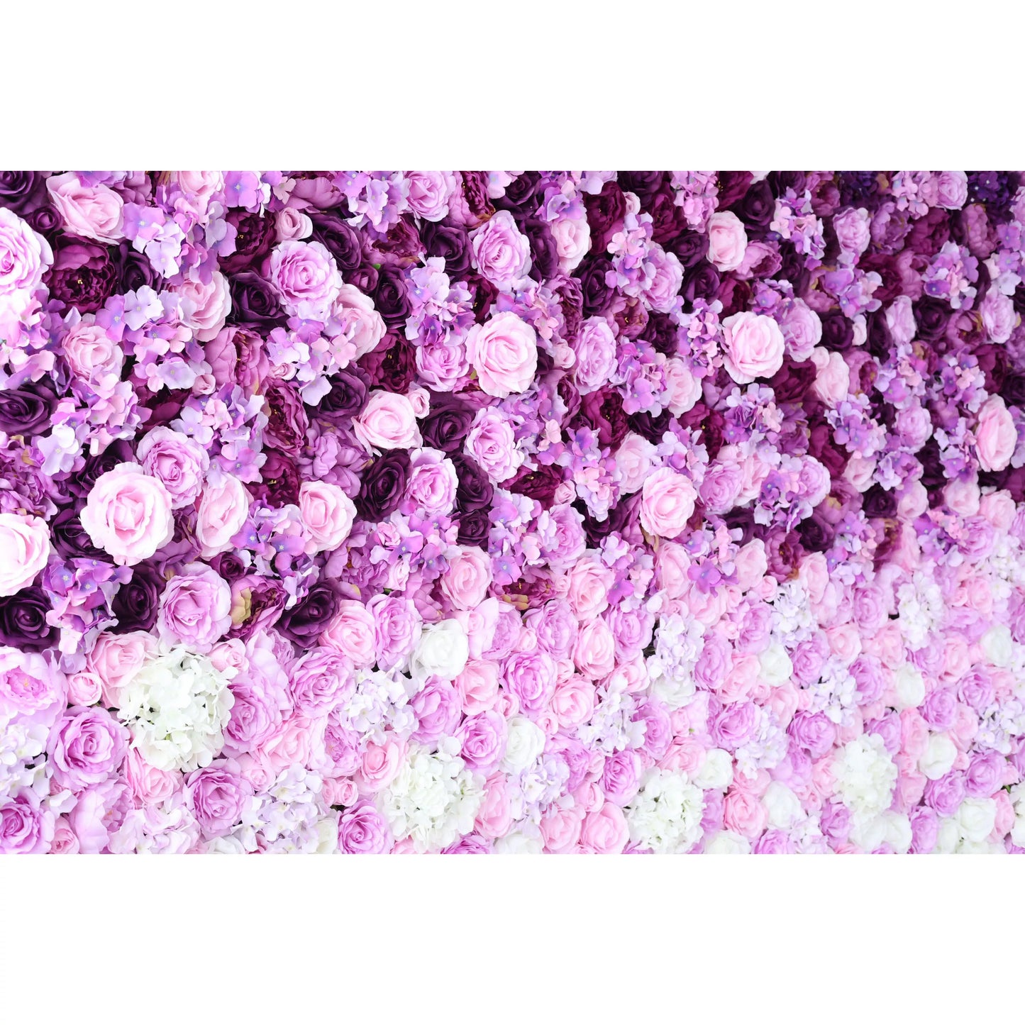 This flower wall is a captivating blend of purple and pink artificial roses, plus delicate flowers. Dense, overlapping blooms create a lush, romantic texture. Subtle color gradients and varied petal shapes add depth, making it perfect for weddings or events. It exudes elegance and charm as a dreamy backdrop. 