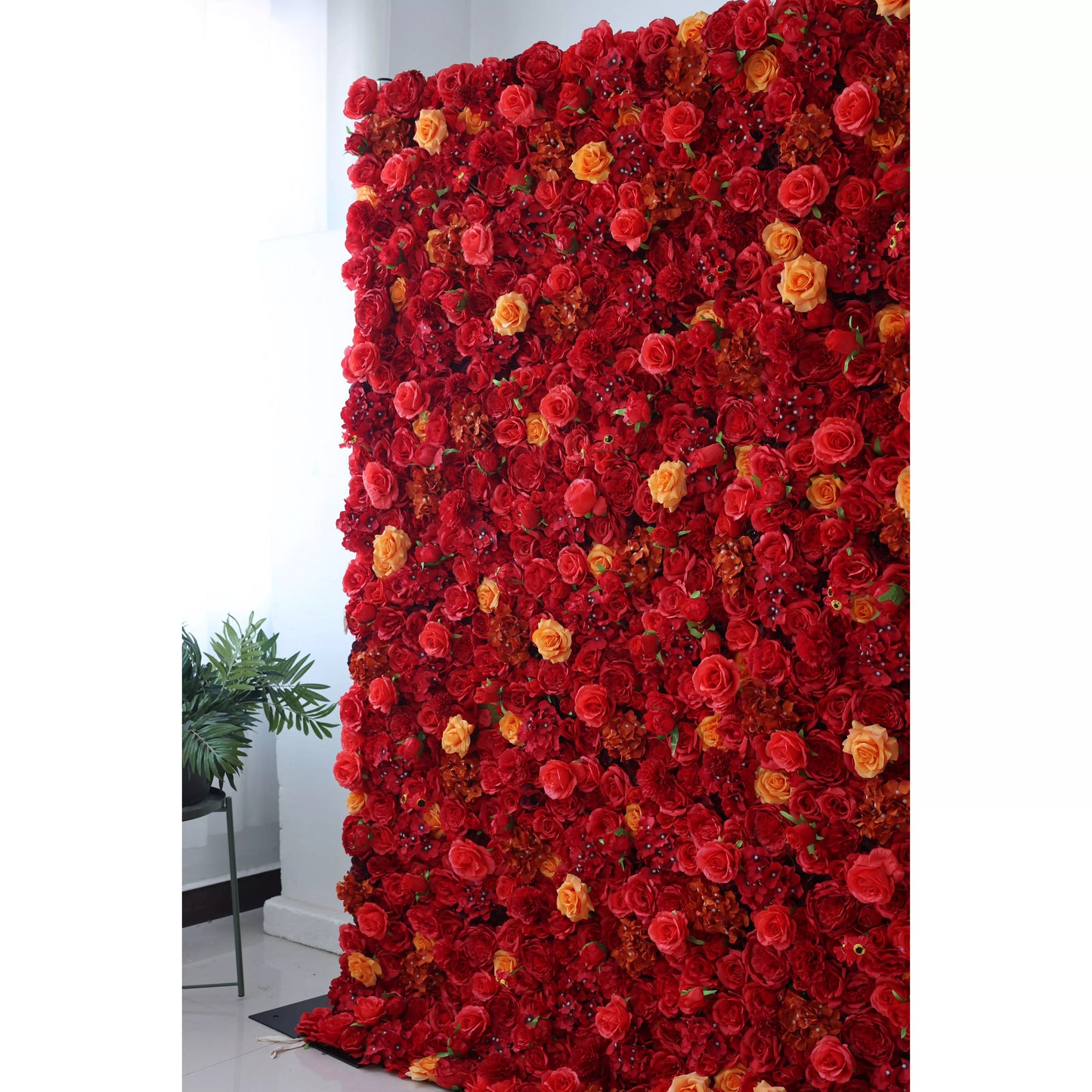Red and orange artificial rose hydrangea flower wall backdrop by ValarFlowers for wedding and party photo booth