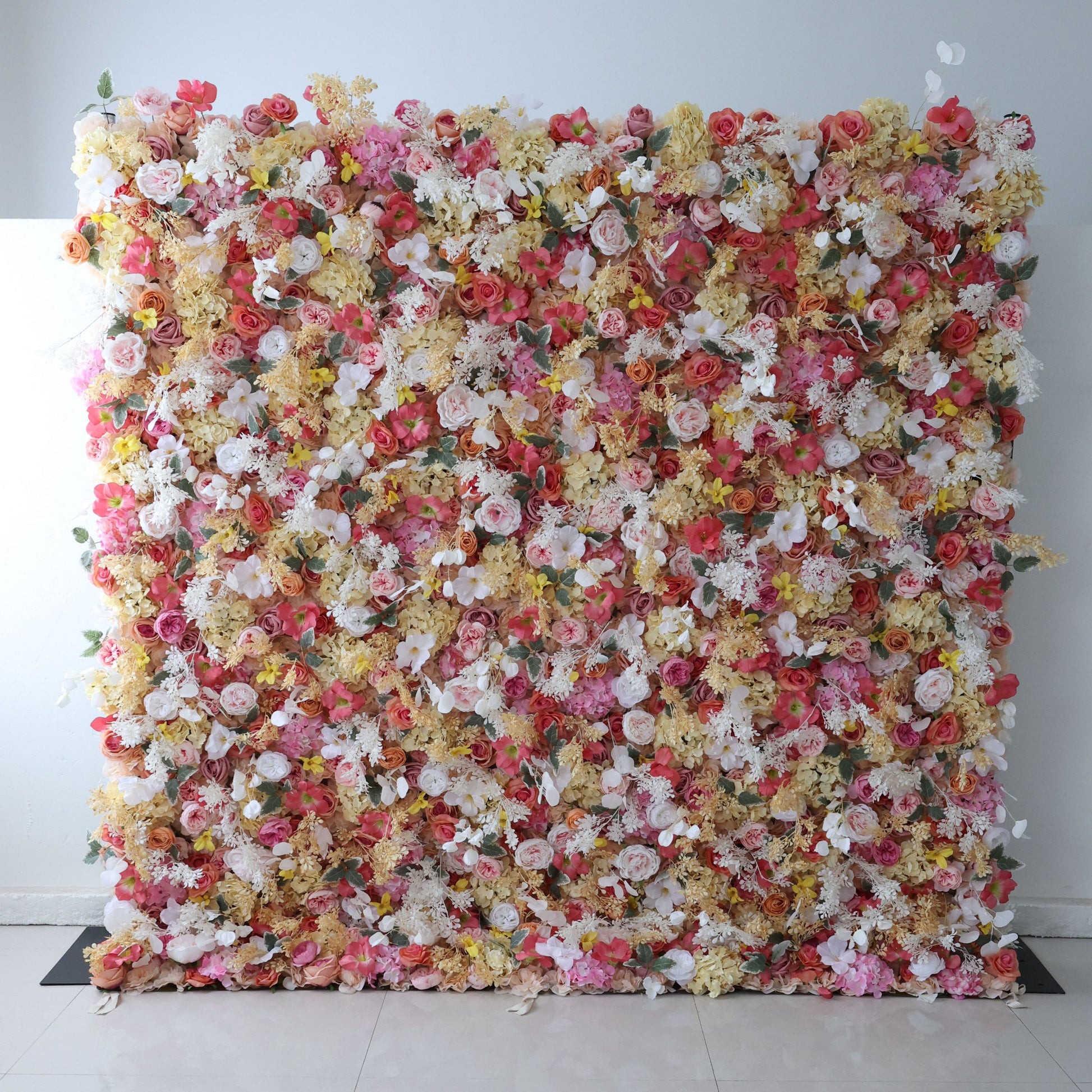 ValarFlowers artificial flower wall backdrop with lush roses and peonies in soft pink and white, dense floral panel for wedding and photo booth decor