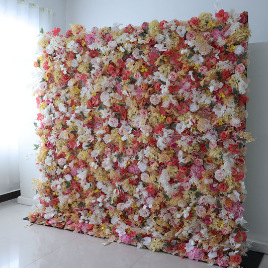 ValarFlowers faux flower wall panel with lush roses peonies hydrangeas in romantic pastels for wedding event photography backdrop