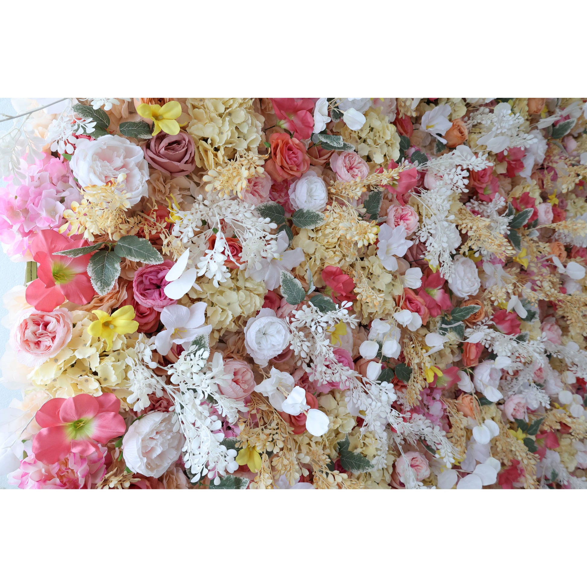 ValarFlowers artificial flower wall backdrop with lush pink white roses peonies hydrangeas for wedding event photo booth decor