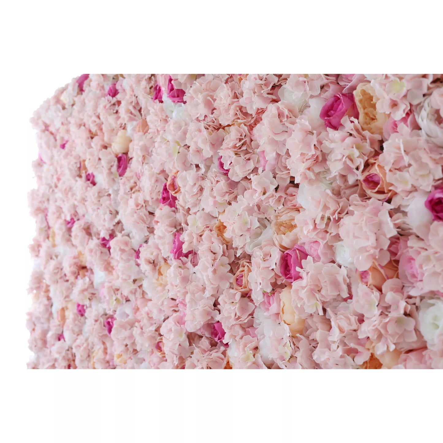 This close - up image showcases a dense arrangement of artificial flowers. Predominantly in soft shades of pink, it features delicate hydrangeas and roses. There are also some deeper pink roses interspersed, adding contrast. The lush and vibrant floral display is perfect for creating a romantic and elegant atmosphere, often used in event decorations like weddings or photo booth backdrops. 