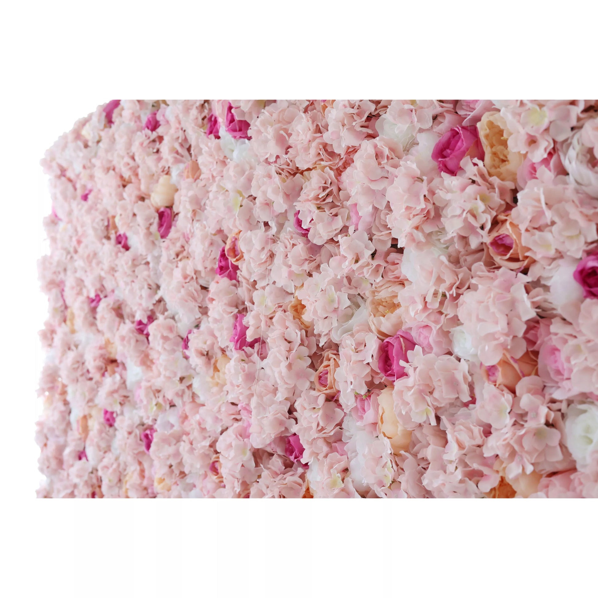 This close - up image showcases a dense arrangement of artificial flowers. Predominantly in soft shades of pink, it features delicate hydrangeas and roses. There are also some deeper pink roses interspersed, adding contrast. The lush and vibrant floral display is perfect for creating a romantic and elegant atmosphere, often used in event decorations like weddings or photo booth backdrops. 