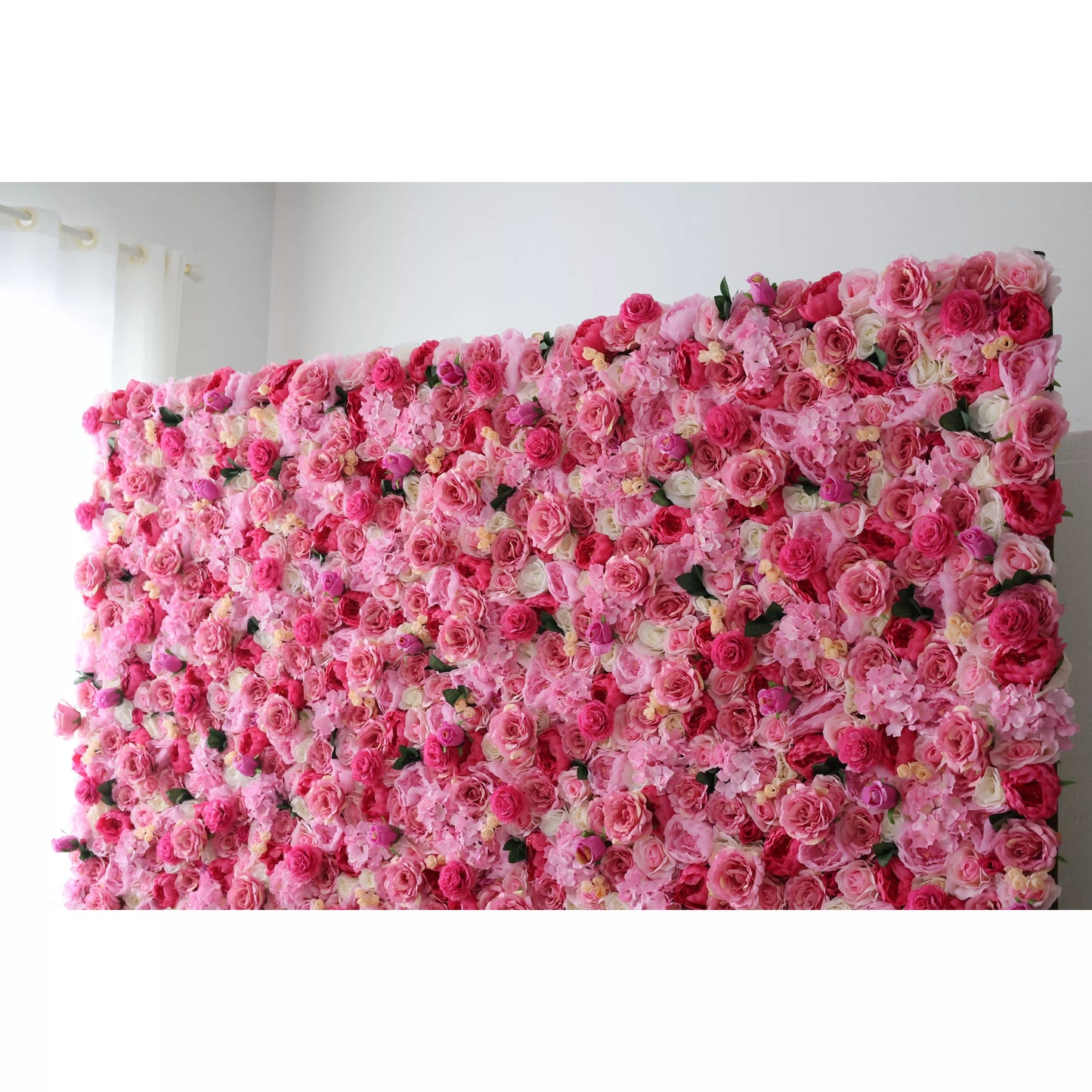 ValarFlowers luxury artificial flower wall backdrop with cascading roses peonies hydrangeas in pink ivory blush, dense floral panel for wedding ceremony arch photo booth event decor