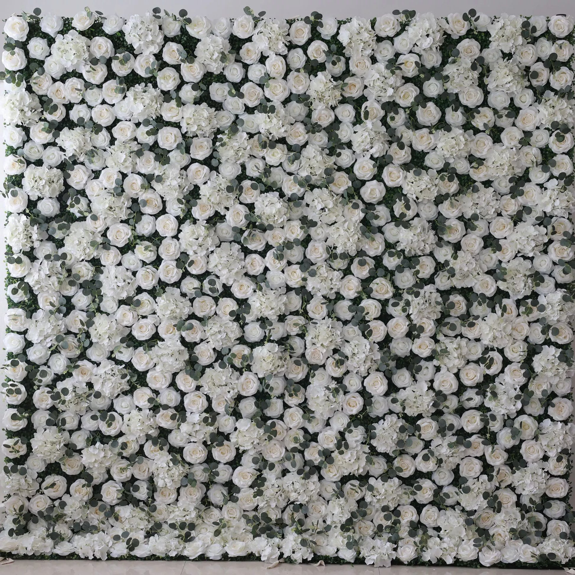 ValarFlowers luxury artificial flower wall with lush roses, peonies and hydrangeas in soft blush, cream and greenery - perfect wedding backdrop or event decor