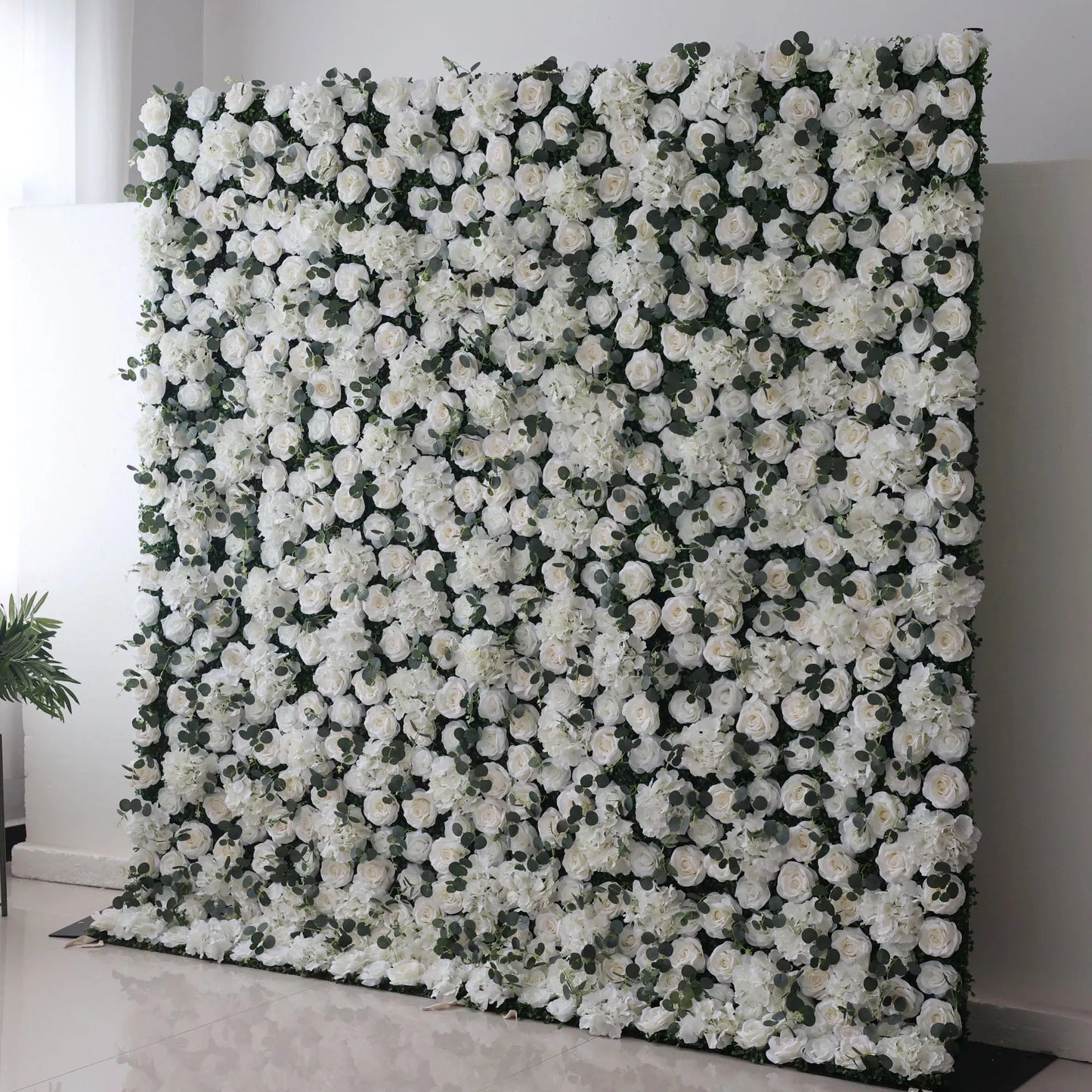 ValarFlowers lush artificial flower wall backdrop with cascading roses peonies hydrangeas in soft pink ivory for wedding party photo booth decor