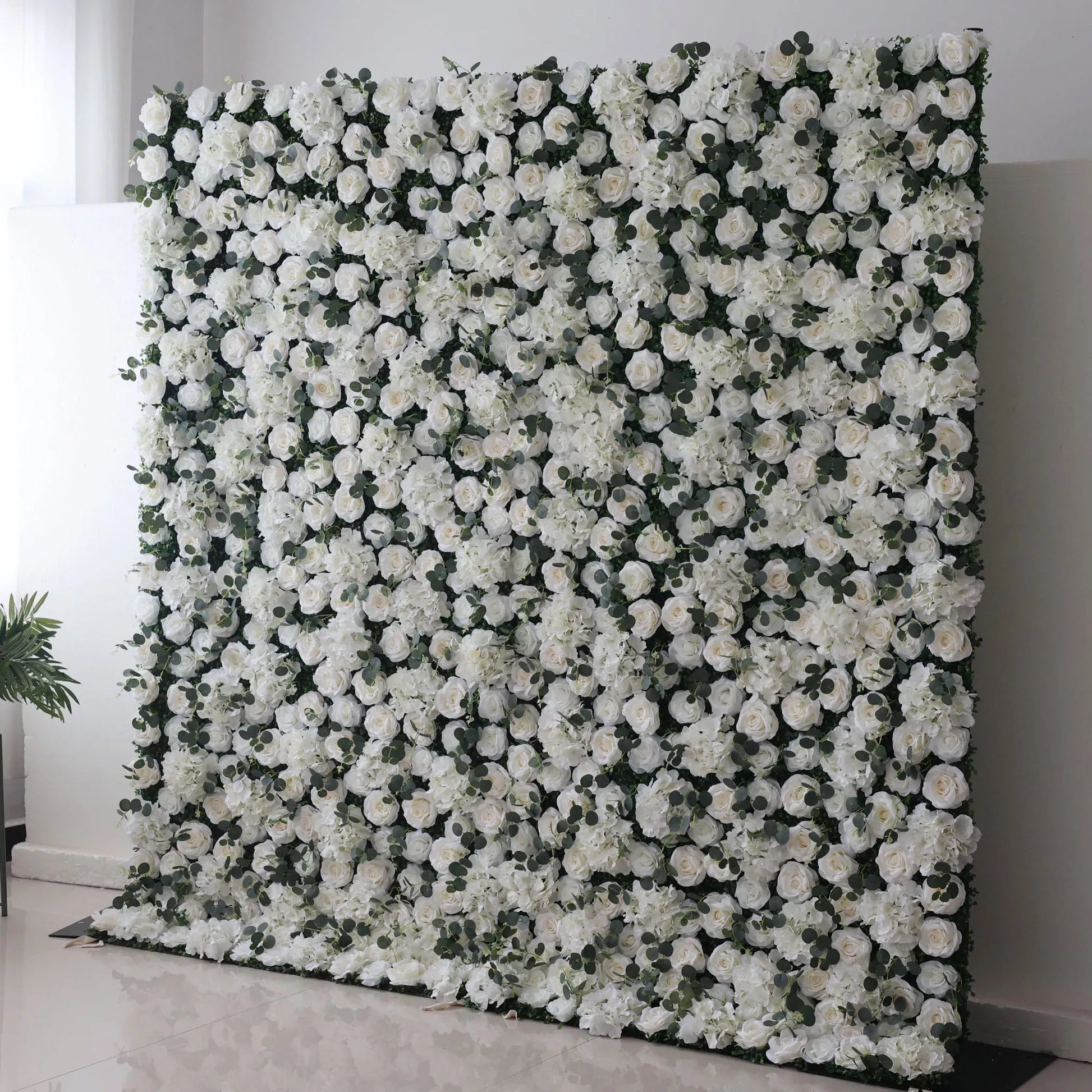 ValarFlowers lush artificial flower wall backdrop with cascading roses peonies hydrangeas in soft pink ivory for wedding party photo booth decor