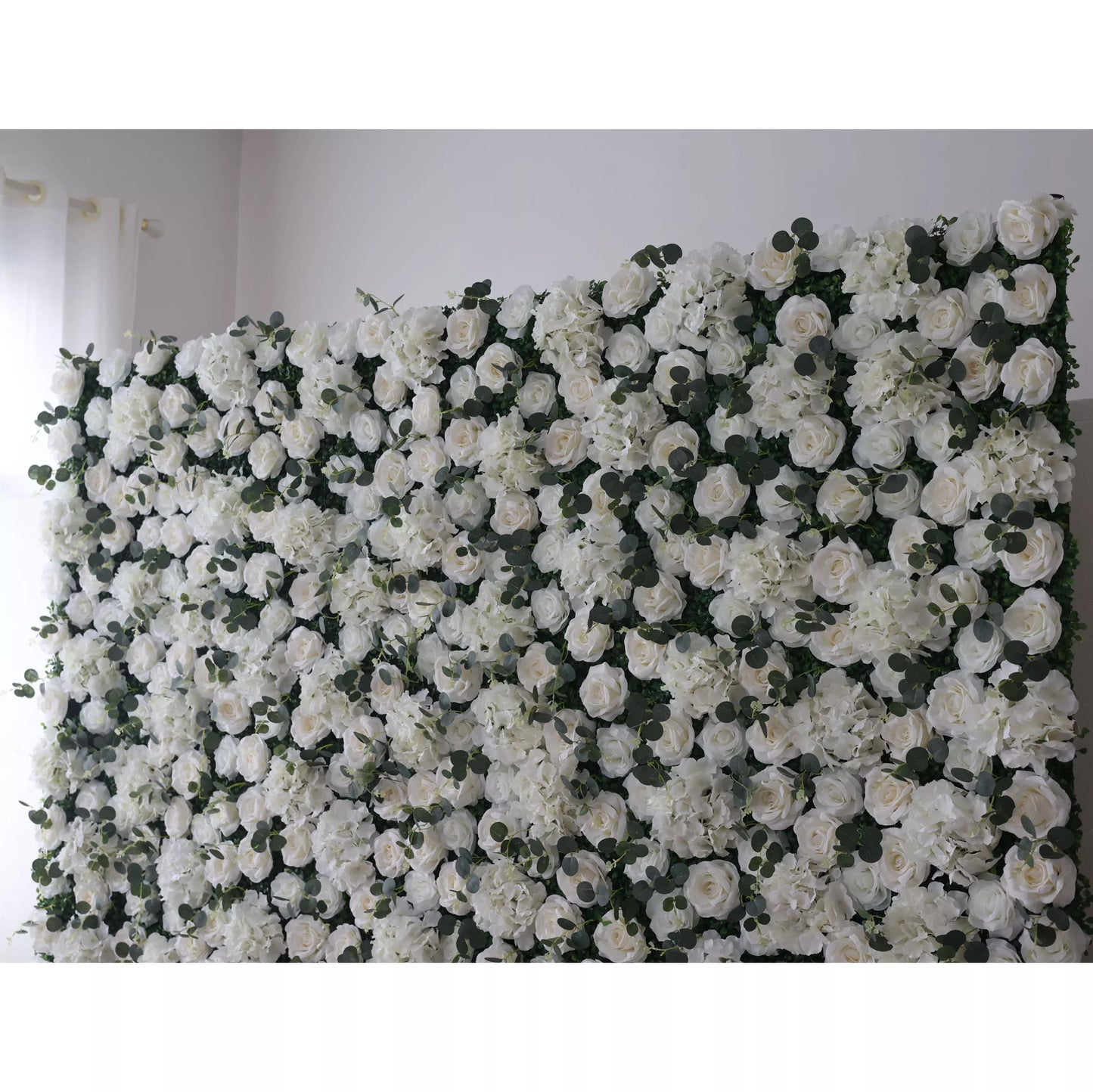 ValarFlowers luxury faux silk flower wall backdrop with roses peonies hydrangeas orchids in soft pink blush white cream, dense greenery for wedding bridal shower party decor