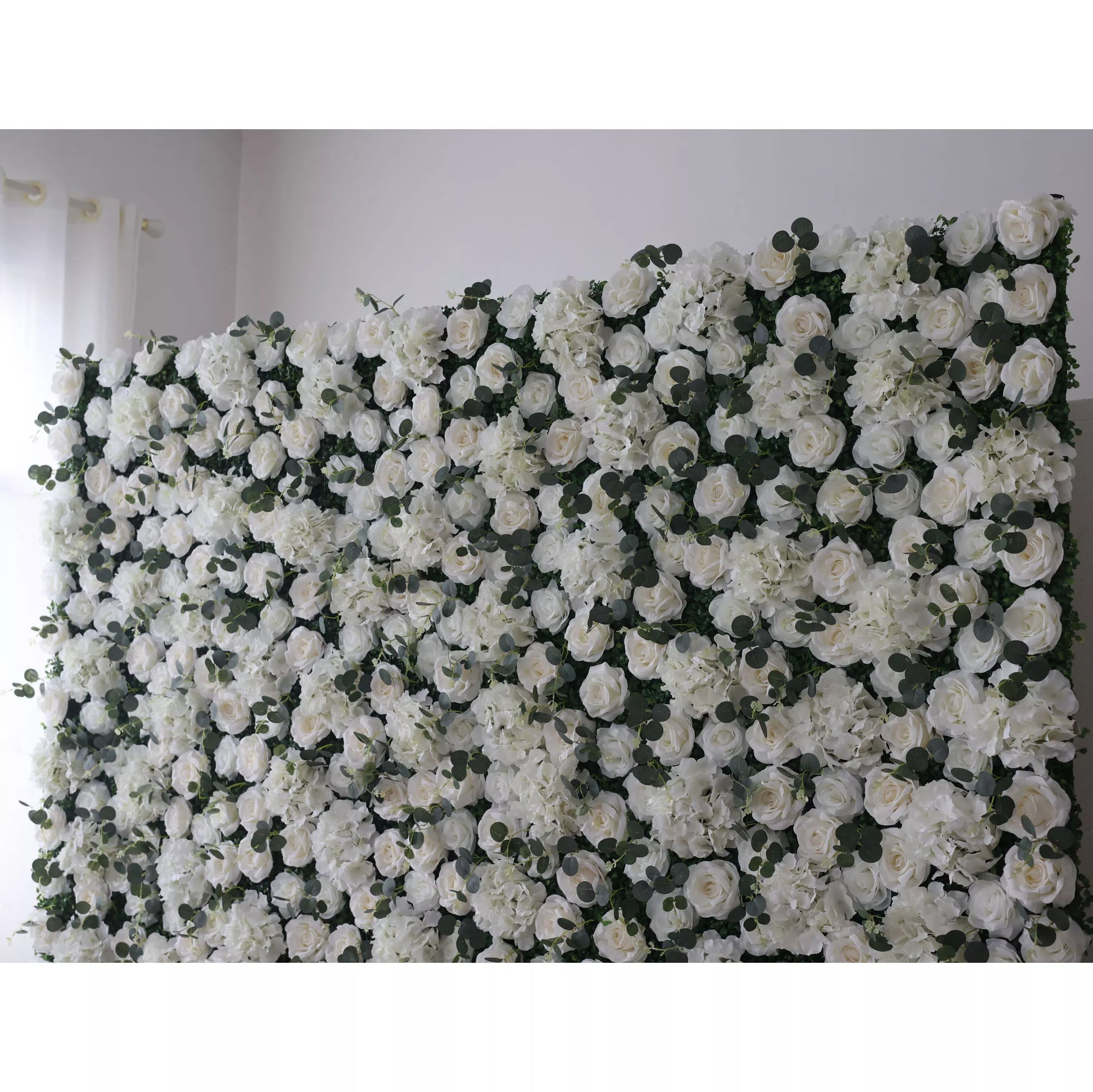 ValarFlowers luxury faux silk flower wall backdrop with roses peonies hydrangeas orchids in soft pink blush white cream, dense greenery for wedding bridal shower party decor