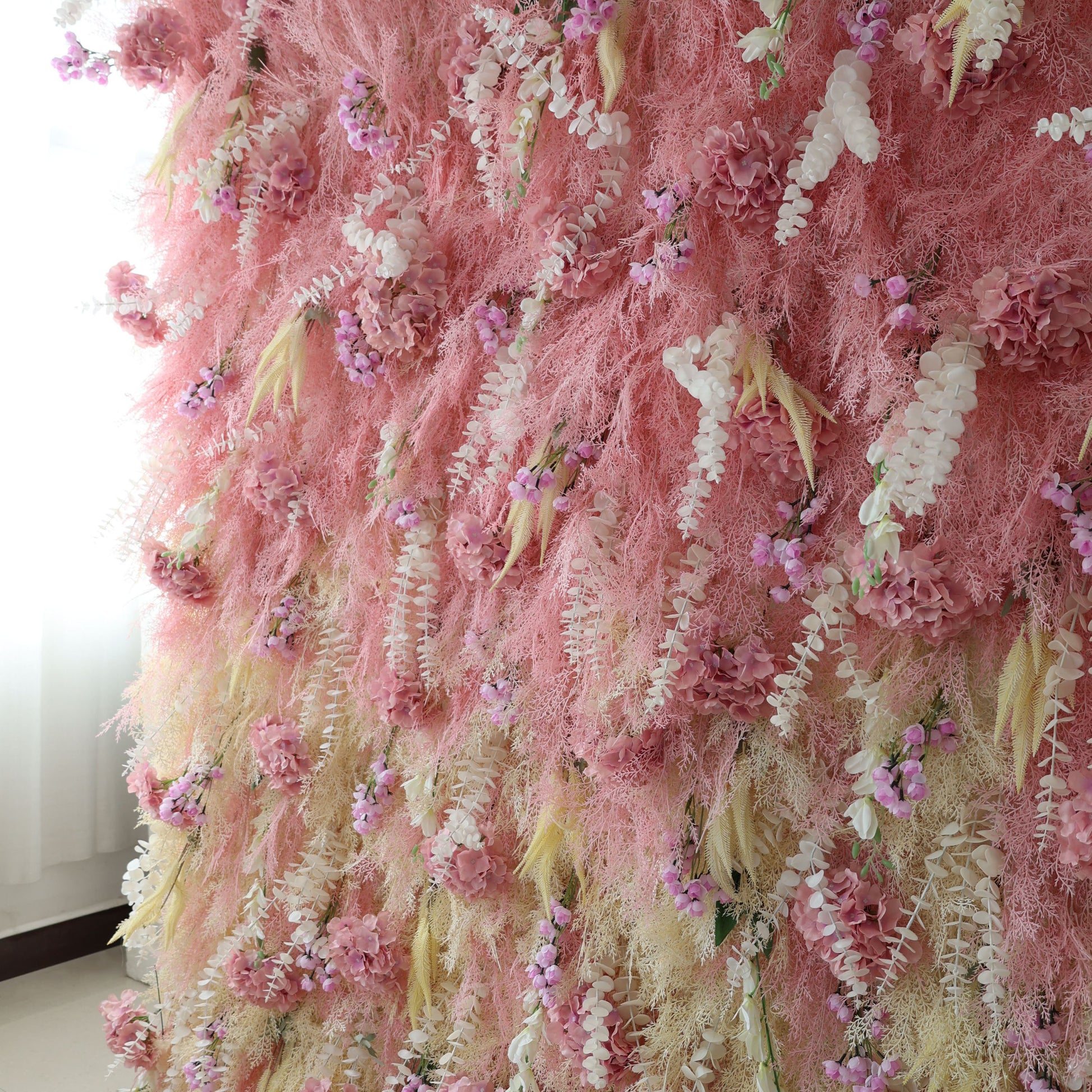 ValarFlowers luxury artificial flower wall backdrop with silk roses peonies hydrangeas in soft pink ivory for wedding event party photo booth decor