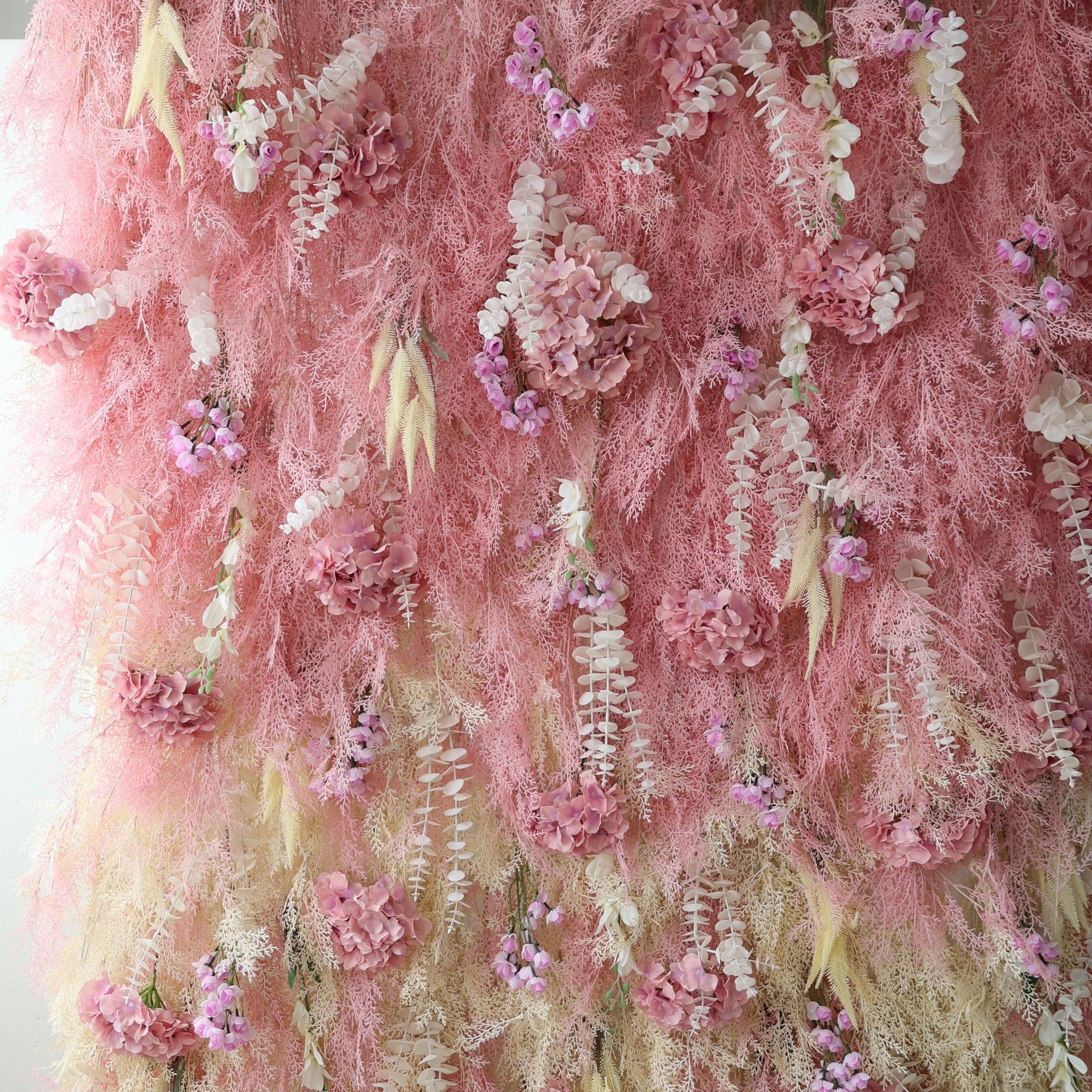 ValarFlowers faux flower wall backdrop with lush roses peonies hydrangeas in blush pink for wedding photo booth decor