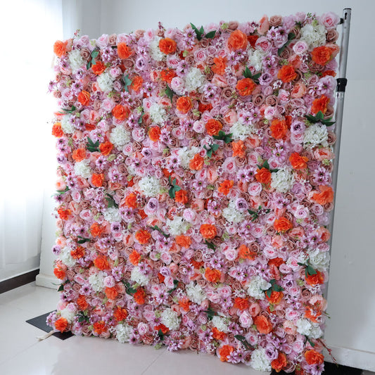 ValarFlowers artificial flower wall with lush roses peonies hydrangeas in pink white and greenery, luxury wedding backdrop event decor photo booth