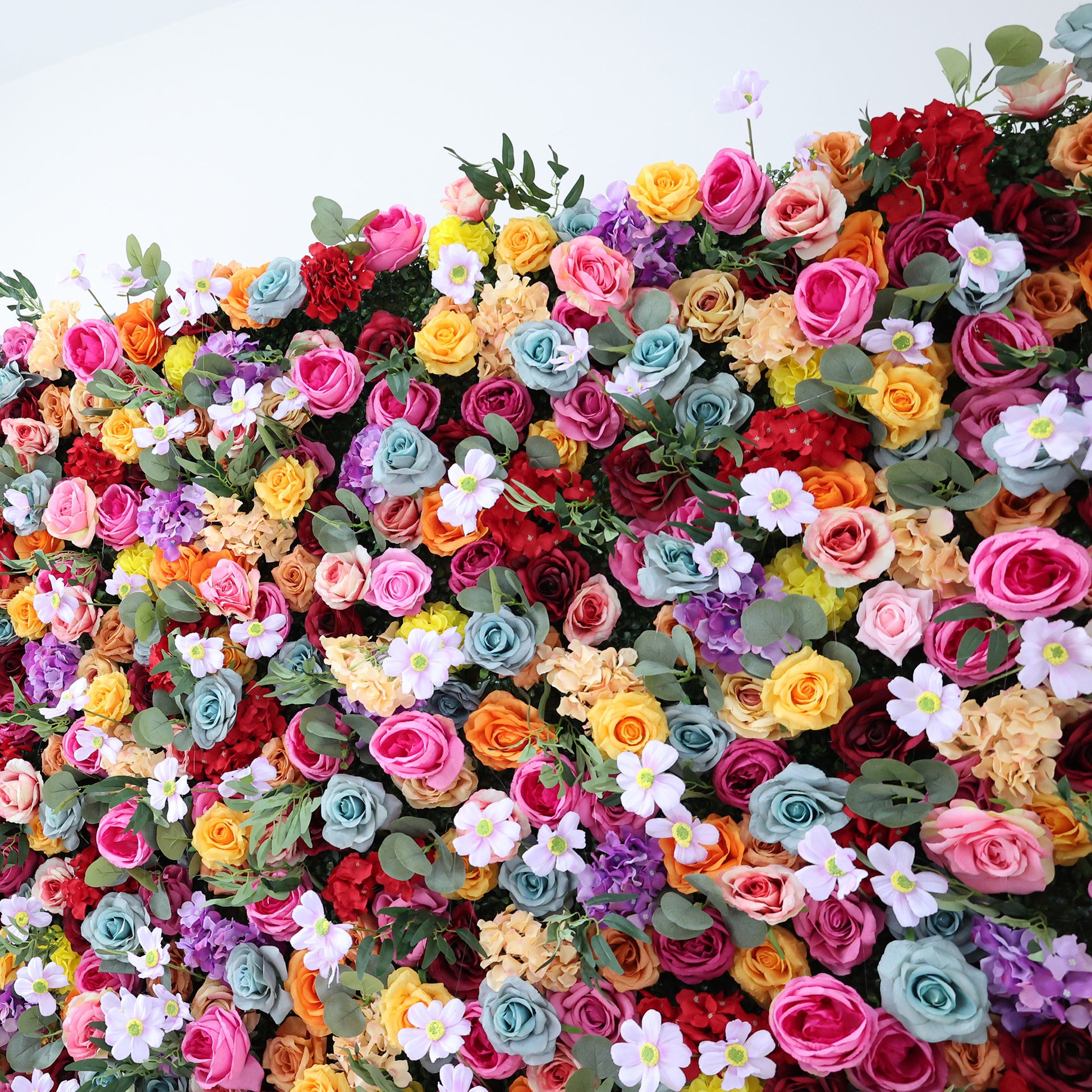 ValarFlowers rainbow faux flower wall with lush roses peonies hydrangeas for wedding backdrop party photo booth decor