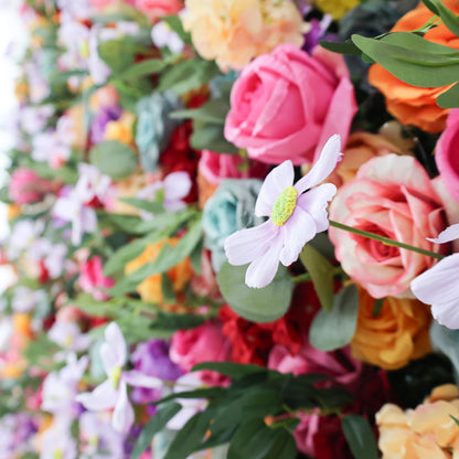 ValarFlowers vibrant rainbow flower wall backdrop with lush roses peonies hydrangeas for wedding party photo booth
