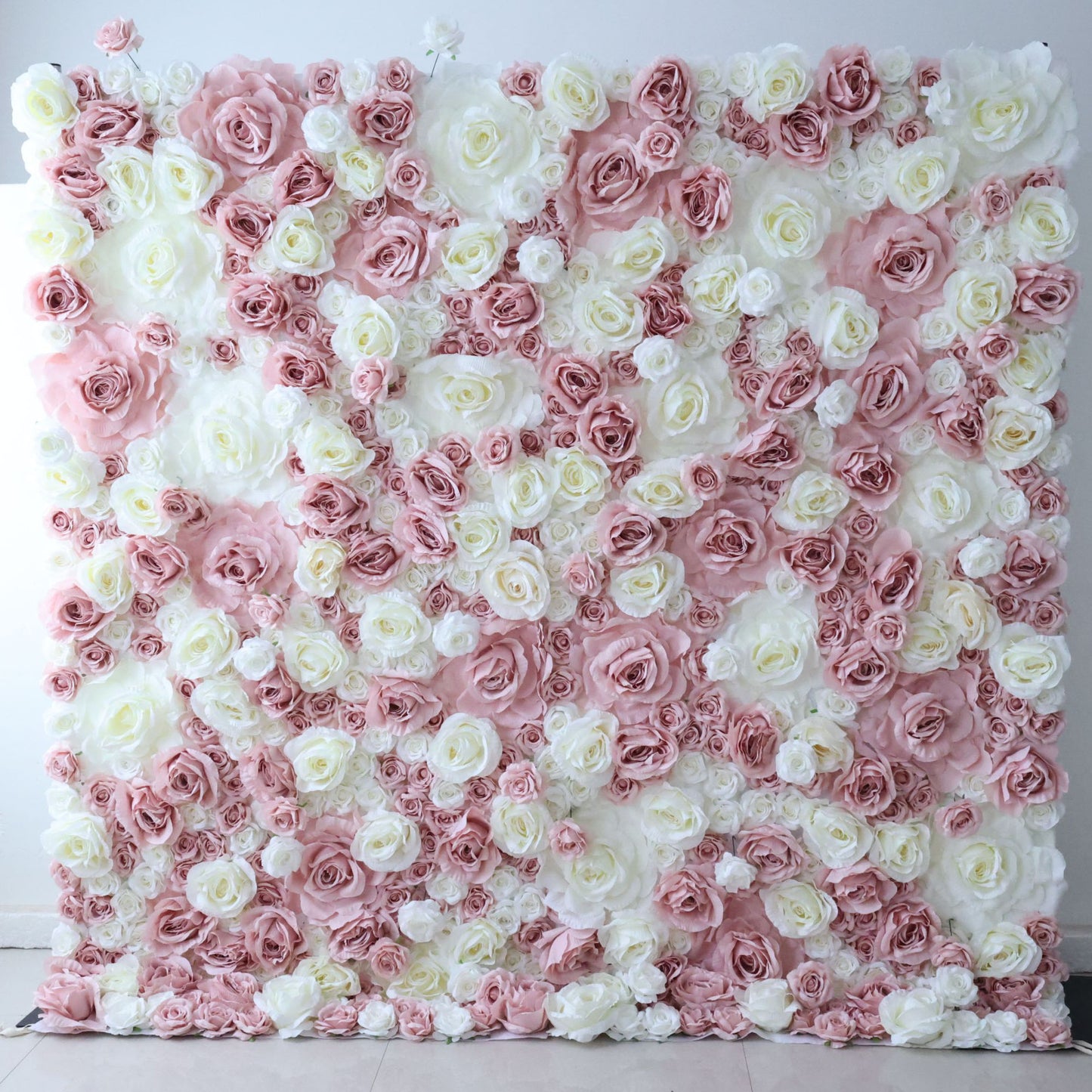 ValarFlowers artificial flower wall backdrop with lush pink roses, peonies, hydrangeas and greenery - elegant wedding ceremony and photo booth decor