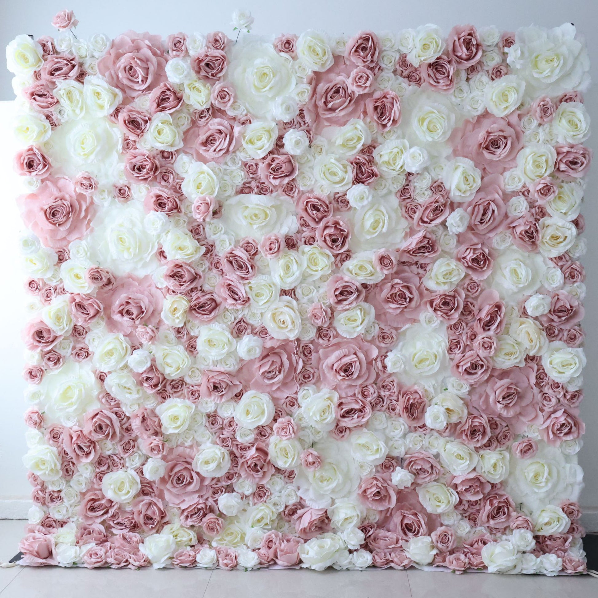 ValarFlowers artificial flower wall backdrop with lush pink roses, peonies, hydrangeas and greenery - elegant wedding ceremony and photo booth decor
