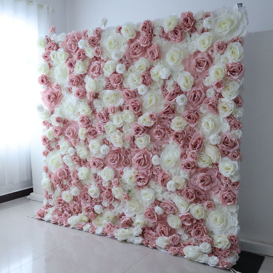 ValarFlowers artificial flower wall backdrop with lush roses peonies hydrangeas in blush pink ivory white, dense greenery, luxury wedding decor, photo booth backdrop