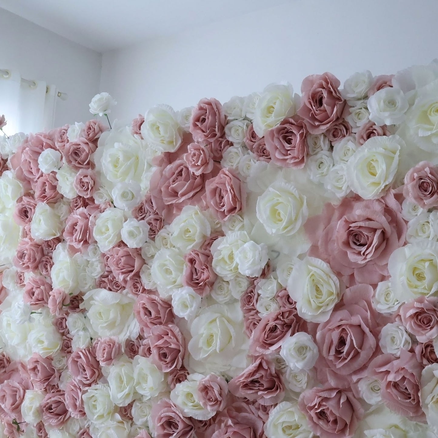 ValarFlowers artificial flower wall backdrop with lush roses peonies hydrangeas in soft blush pink ivory, luxury faux floral panel for wedding photo booth event decor