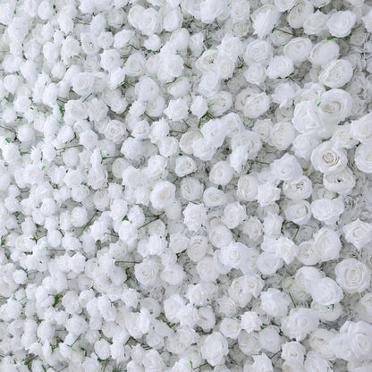 This image showcases a dense arrangement of white artificial roses, creating a lush and voluminous floral display. The flowers are tightly packed, with their soft, creamy petals and subtle green stems contributing to a sense of purity and elegance. The uniform white hue gives a serene and sophisticated look, making it an ideal decorative element for events or as a striking backdrop, evoking feelings of natural beauty and refinement.