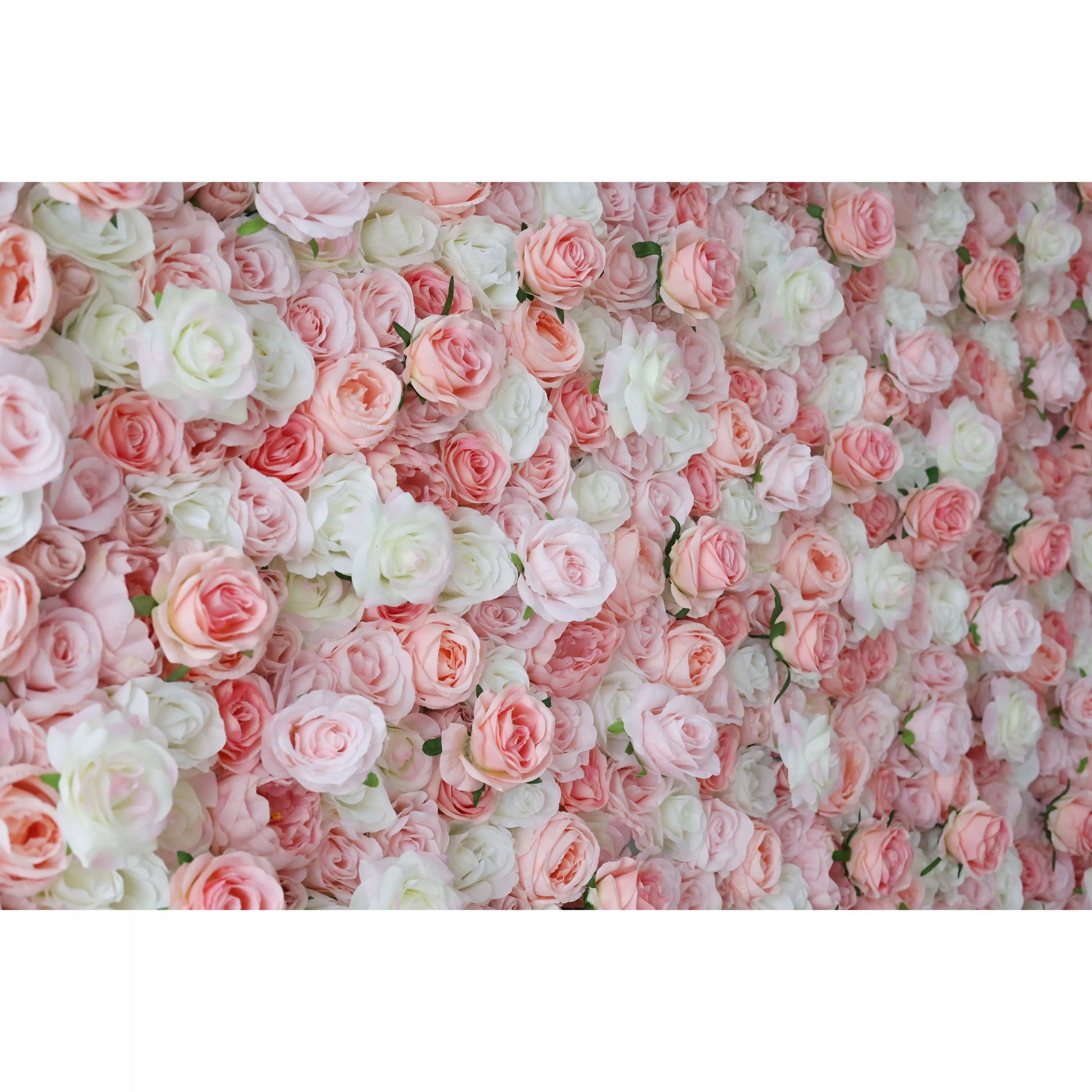 This flower wall is a lush display of artificial roses in soft pink and white. Dense, overlapping blooms create a dreamy, romantic texture. Subtle color gradients and green leaves add depth, making it ideal for weddings or events. It exudes elegance, offering a charming backdrop for photos and decor. 