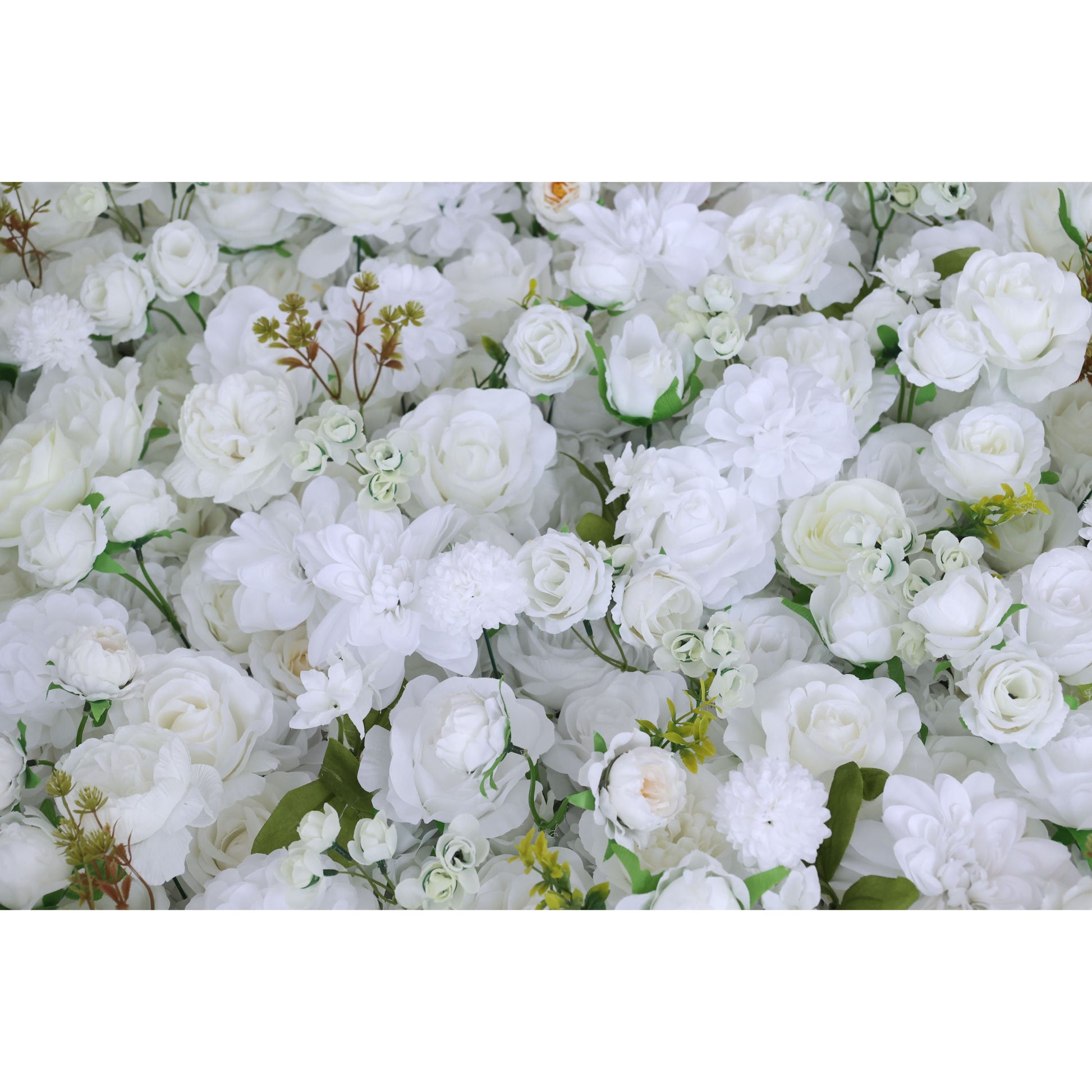 This backdrop is densely filled with artificial white flowers, mainly roses and some other blossoms, accompanied by green leaves. The all - white color scheme presents a sense of elegance and purity. It's ideal for weddings, representing love. Also suitable for corporate events to show class, and for bridal showers to boost the festive mood. 