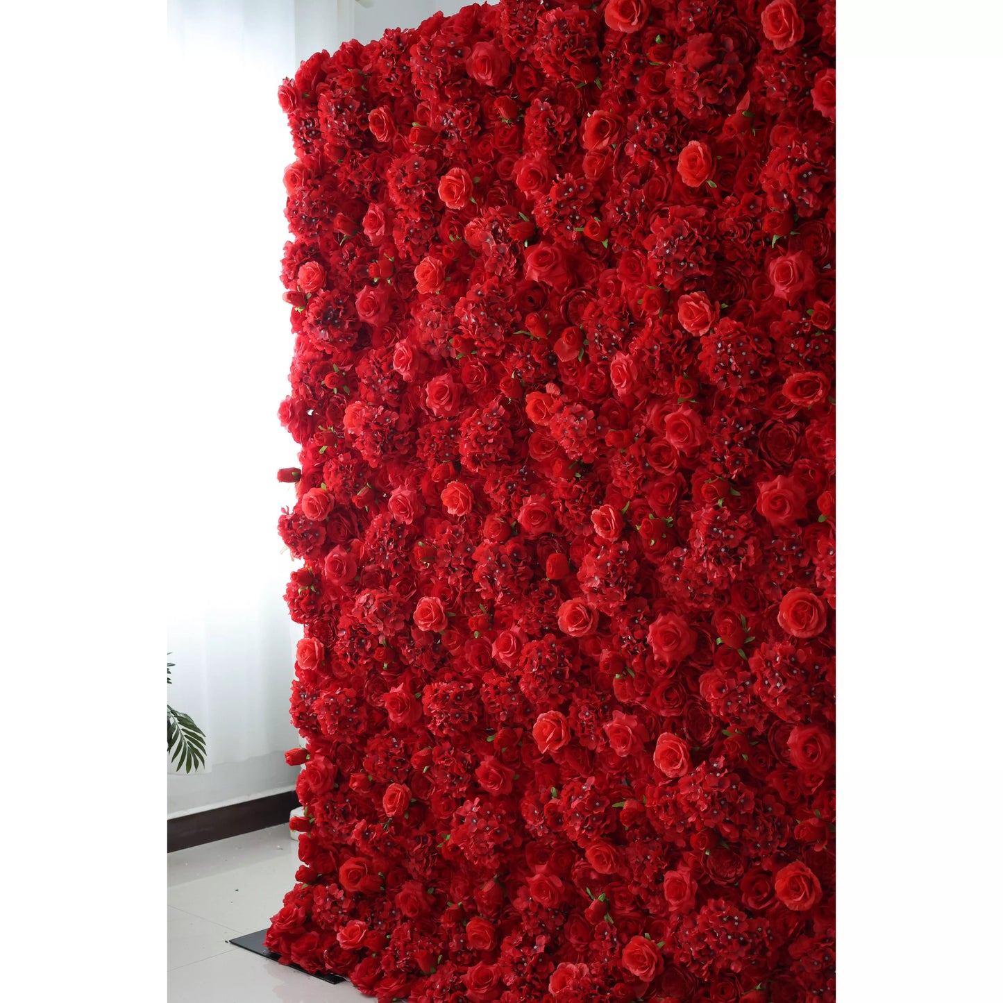 This flower wall is a striking display of artificial red blooms. It combines roses and clustered flowers, creating a lush, textured surface. The deep red hue exudes passion and elegance, making it perfect for weddings, events, or as a bold decor statement. A vibrant, eye - catching backdrop full of romance. 