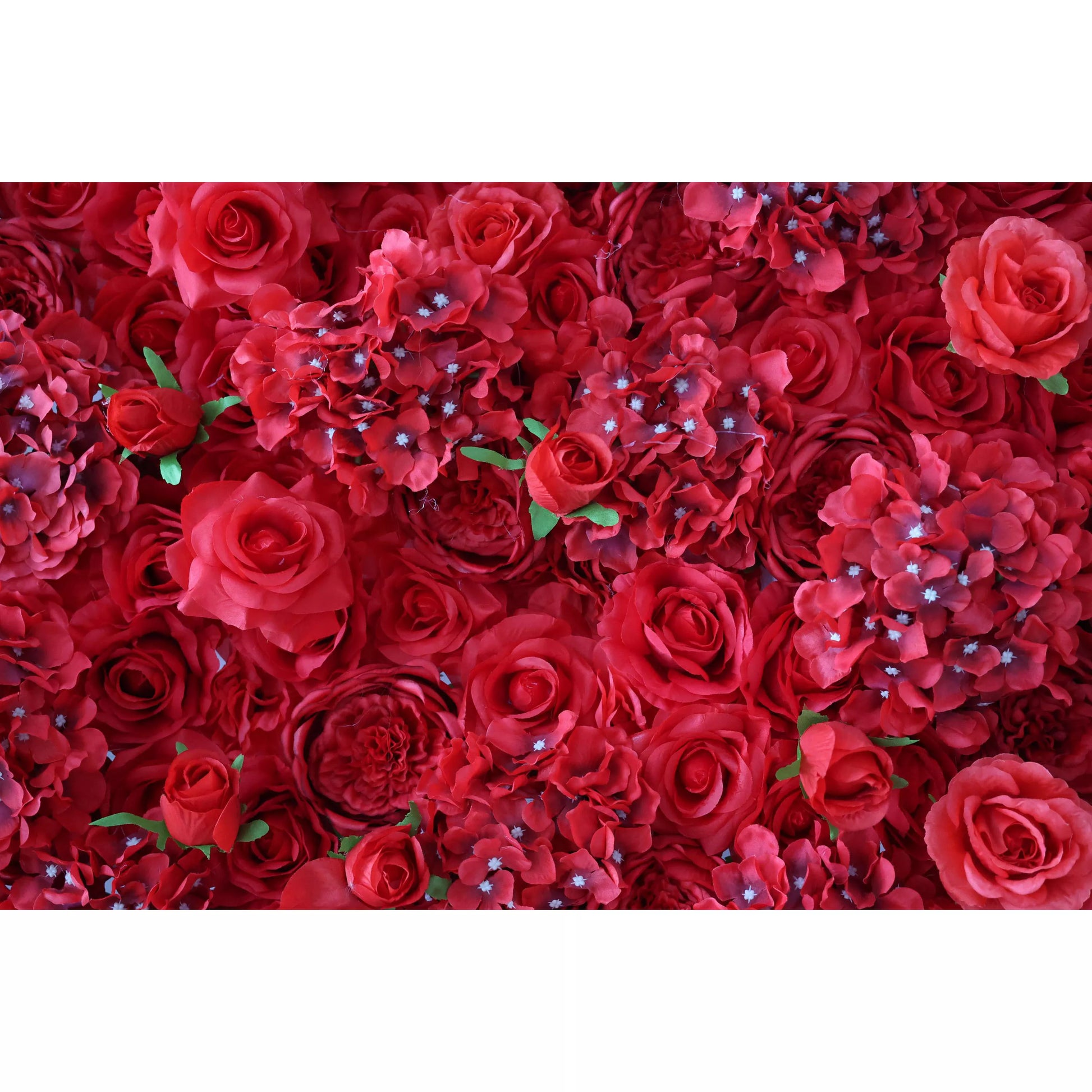 This flower wall is a lavish display of artificial red blooms. It mixes roses, hydrangea - like flowers, and other blossoms, with small white accents and green leaves. The dense, layered arrangement creates a rich, romantic texture, perfect for weddings or elegant events, exuding passion and sophistication. 