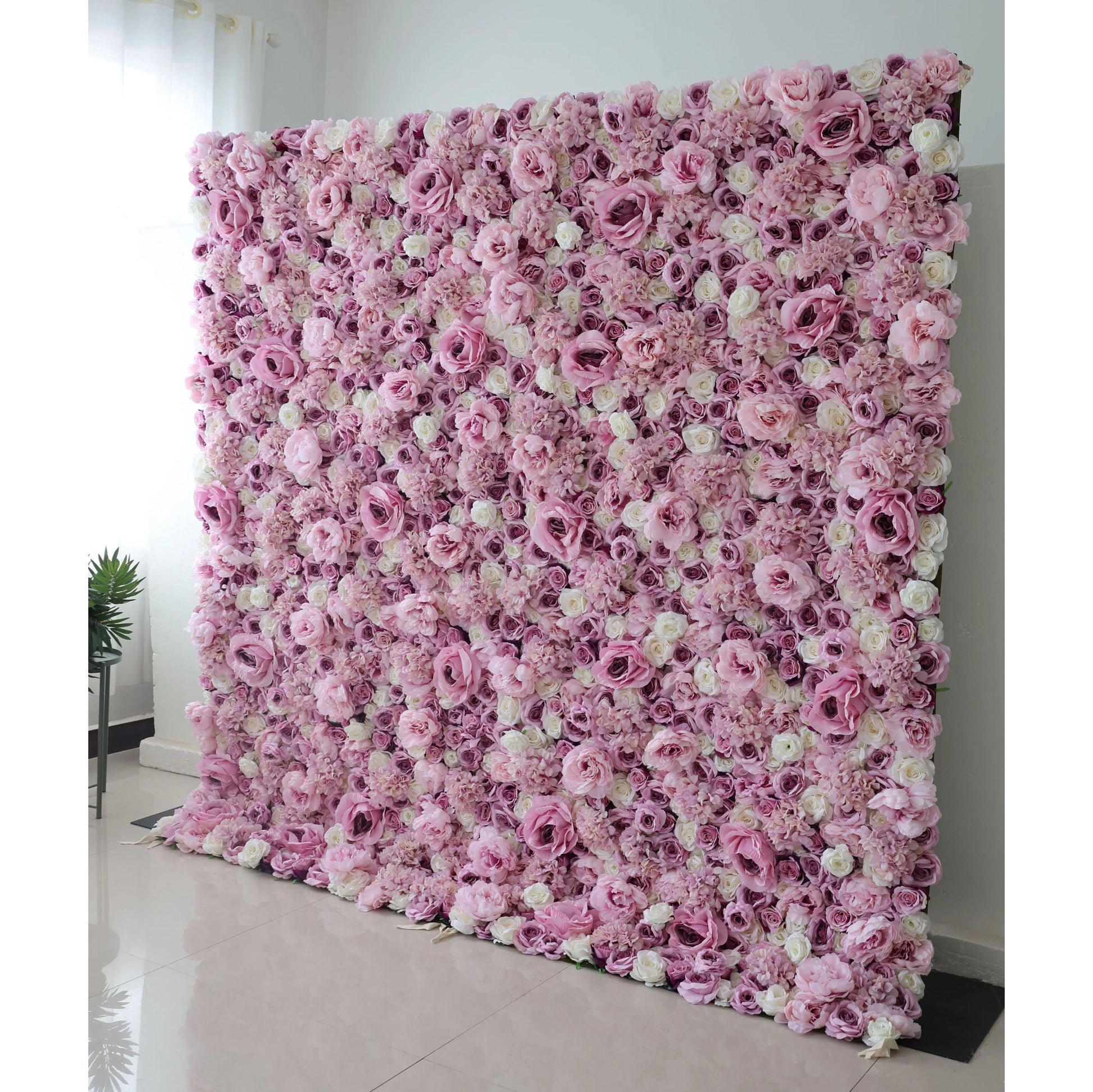 ValarFlowers artificial purple rose and white flower wall backdrop with peonies, hydrangeas for wedding, party, event photography decor