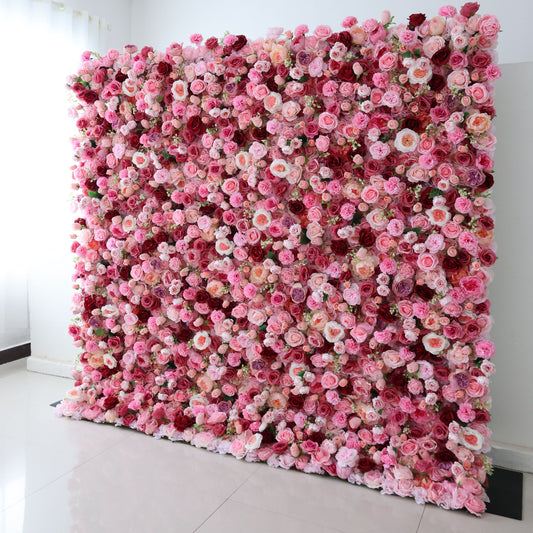ValarFlowers artificial flower wall backdrop with lush roses peonies hydrangeas in soft pink white green, luxury wedding photo booth event decor