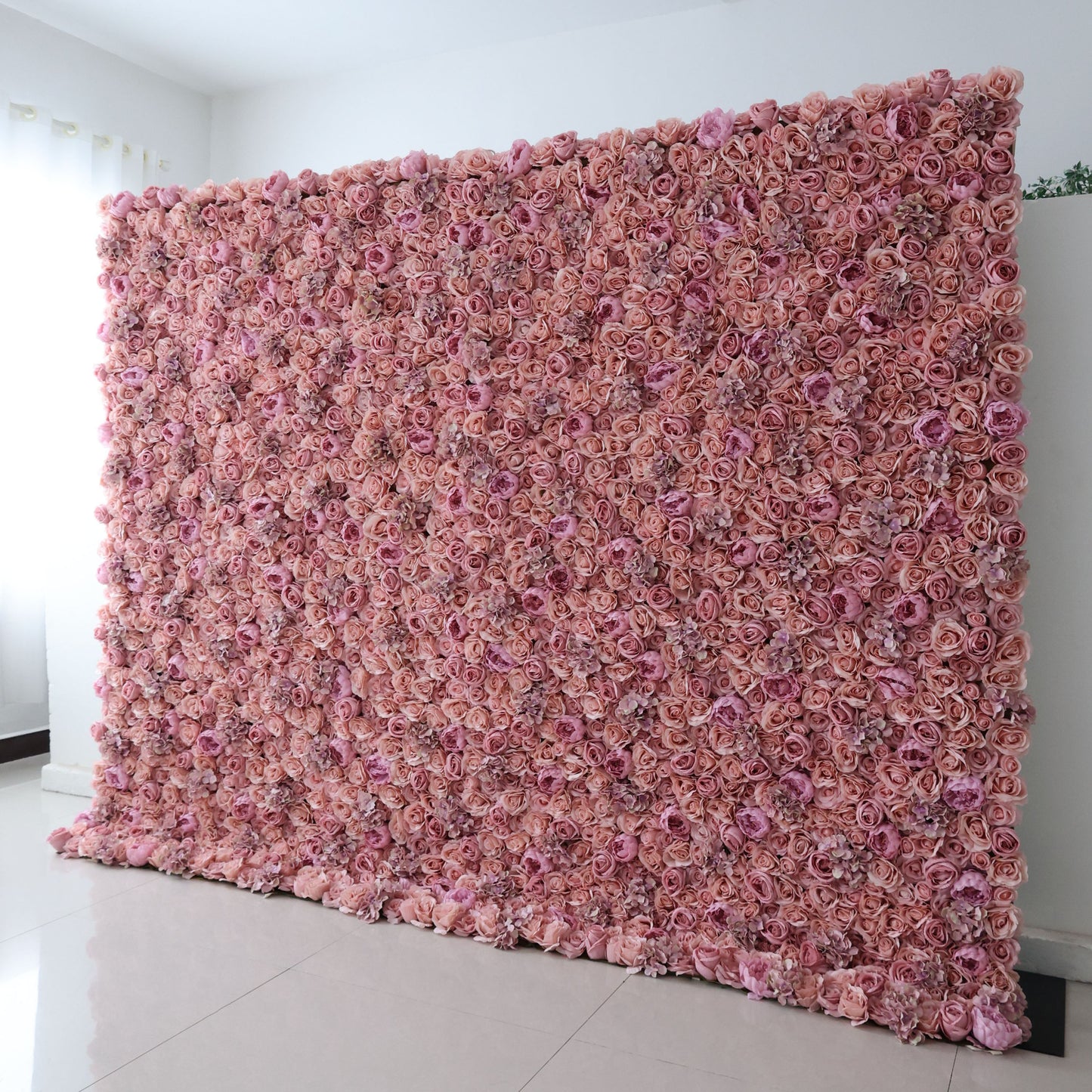ValarFlowers luxury artificial flower wall with cascading roses peonies hydrangeas in soft pink ivory blush, elegant backdrop for wedding ceremony photo booth event decor