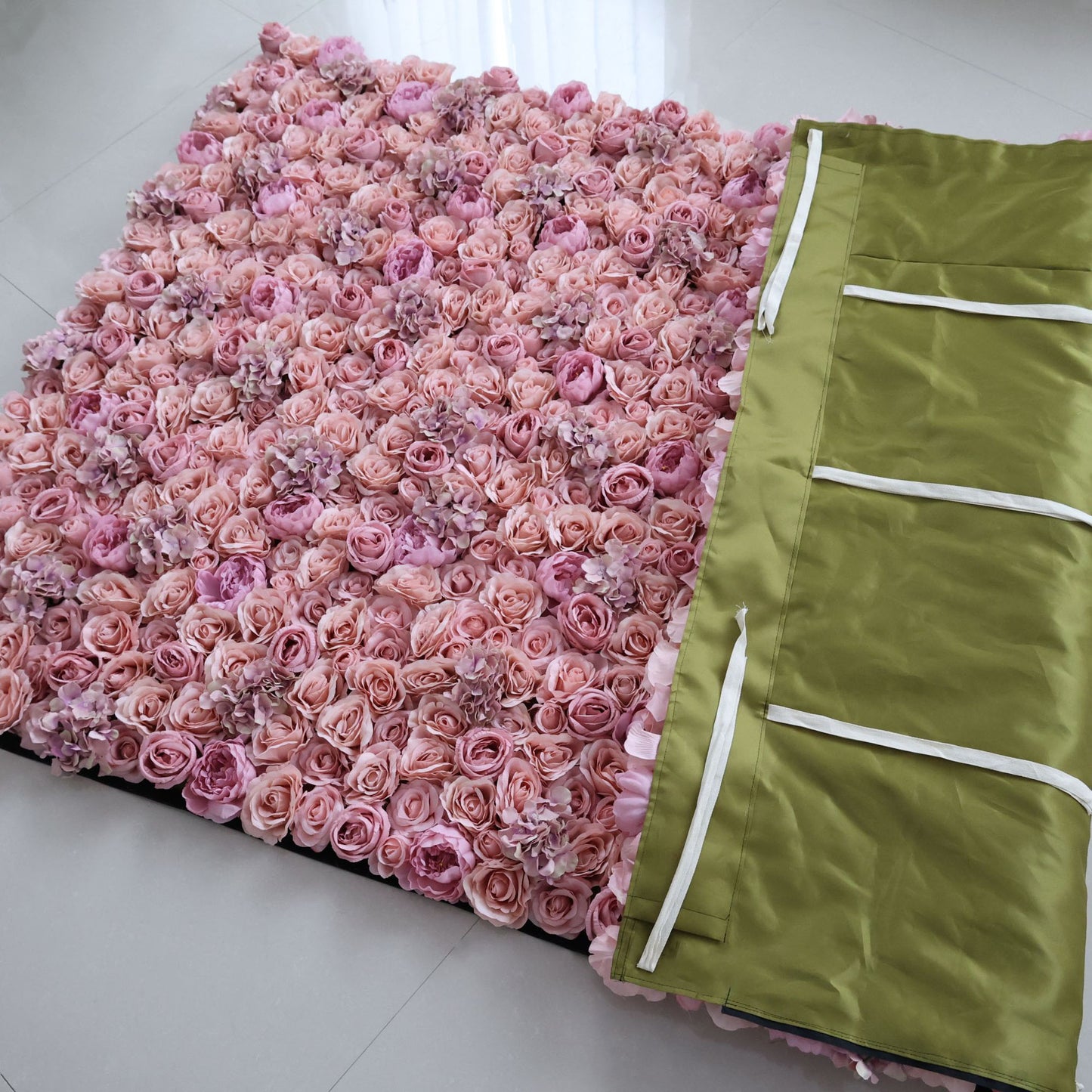 ValarFlowers artificial flower wall backdrop with lush pink roses peonies hydrangeas and greenery for wedding ceremony photo booth decor