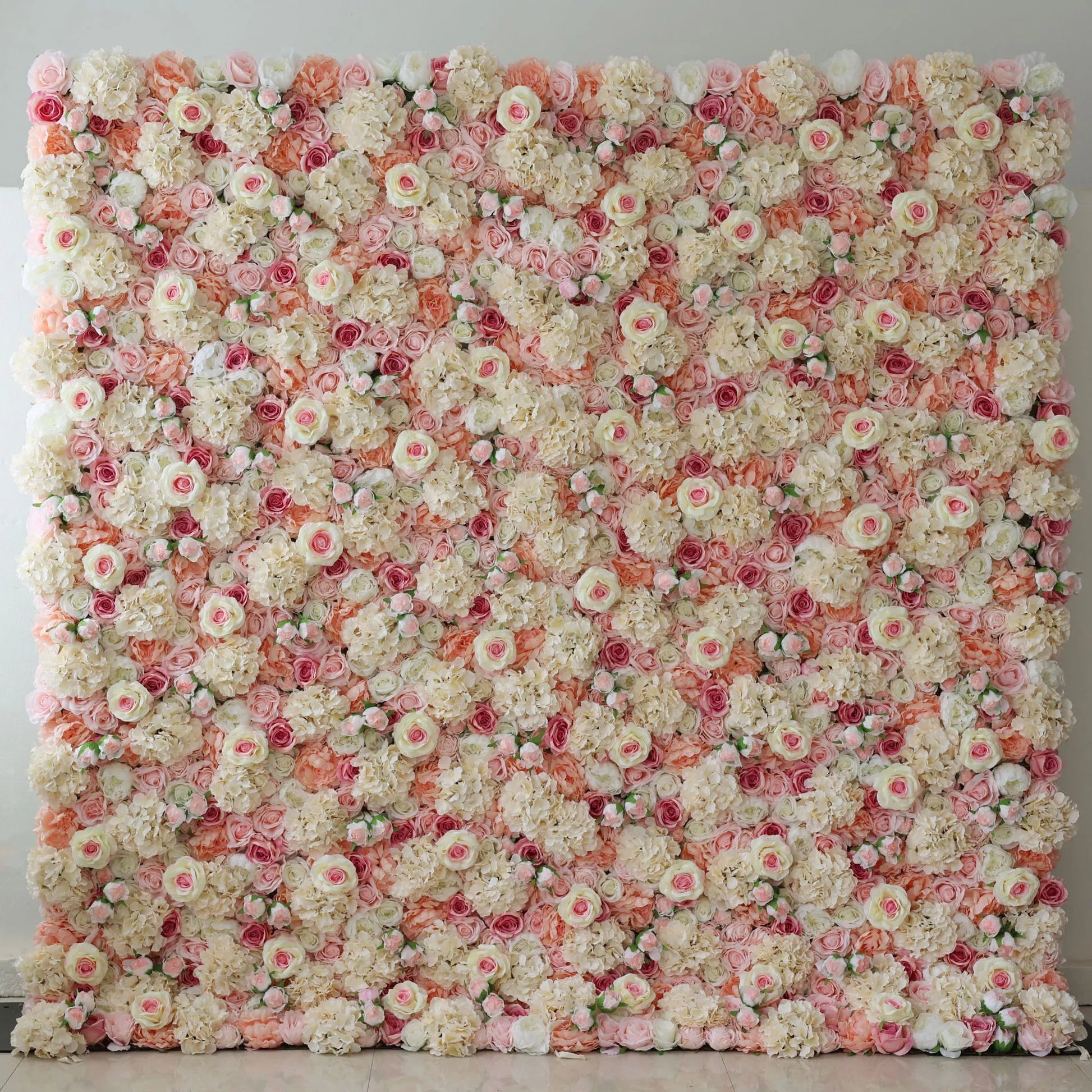 ValarFlowers roll-up fabric artificial flower wall with sage, rose taupe, red roses and hydrangeas - perfect wedding backdrop and event decor