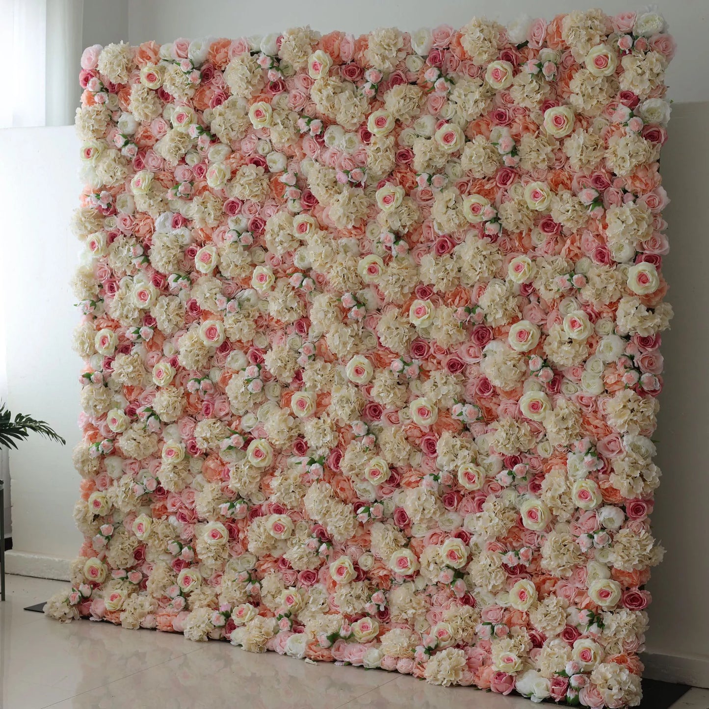 ValarFlowers luxury artificial flower wall backdrop with sage, rose taupe, and Indian red roses and peonies for wedding, party and photo booth decor