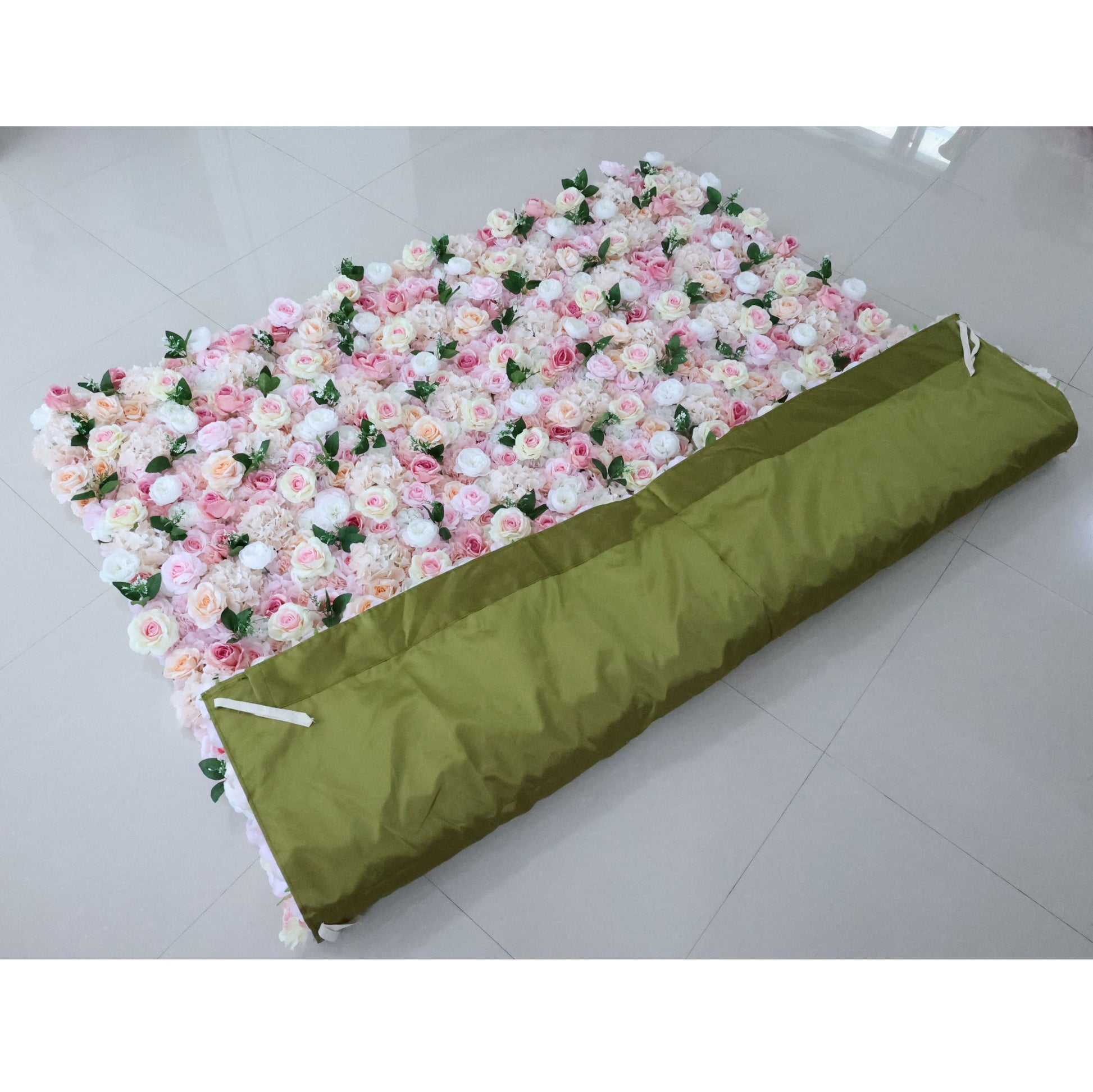 ValarFlowers luxury artificial flower wall backdrop with lush peonies, roses, hydrangeas in soft blush pink for wedding, photo booth, event decor