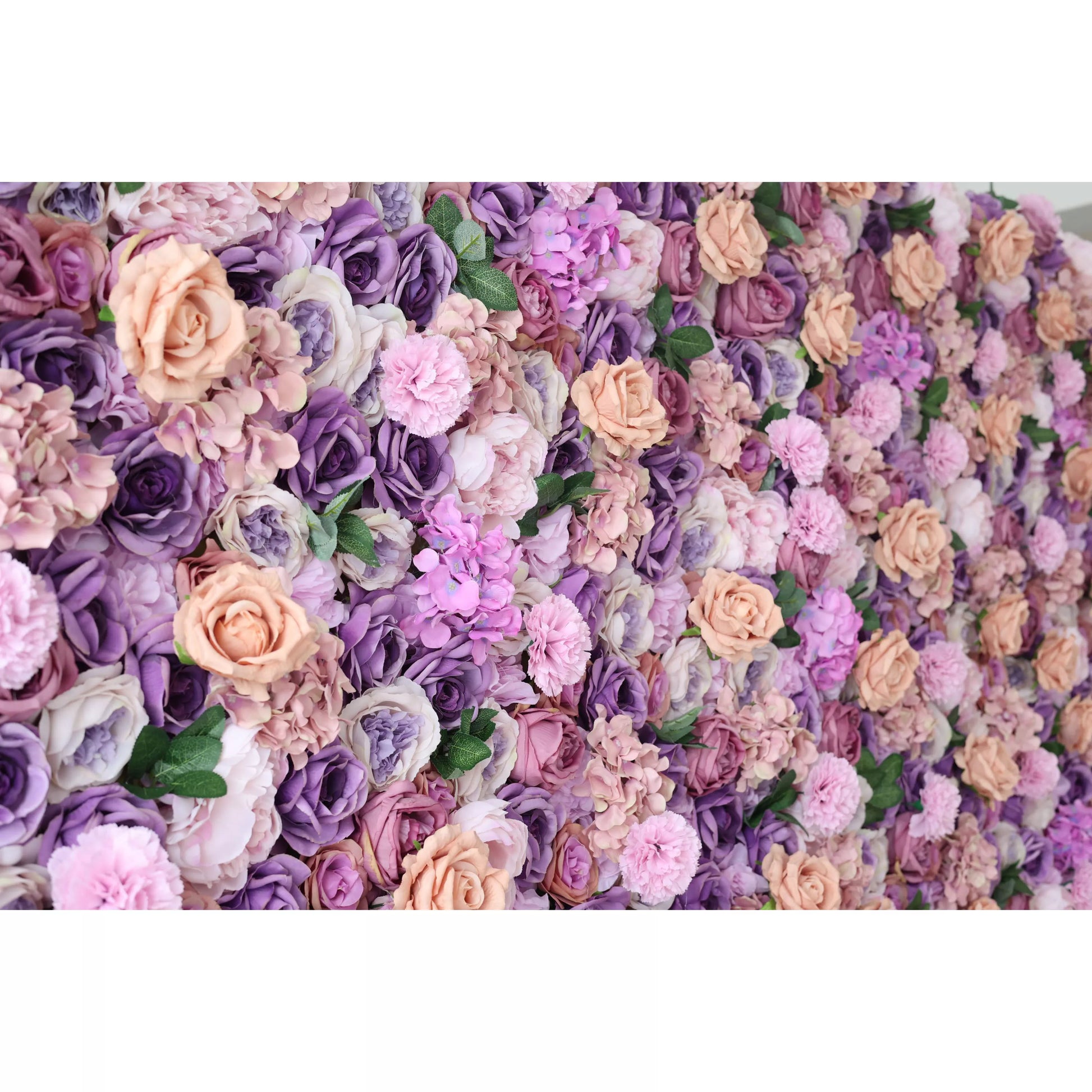 This flower wall features a dense arrangement of artificial flowers, including purple roses, peach - colored roses, pink carnations, and purple hydrangeas. The harmonious blend of colors creates a romantic and elegant atmosphere, making it suitable for decorative backdrops at events like weddings or photo shoots. 