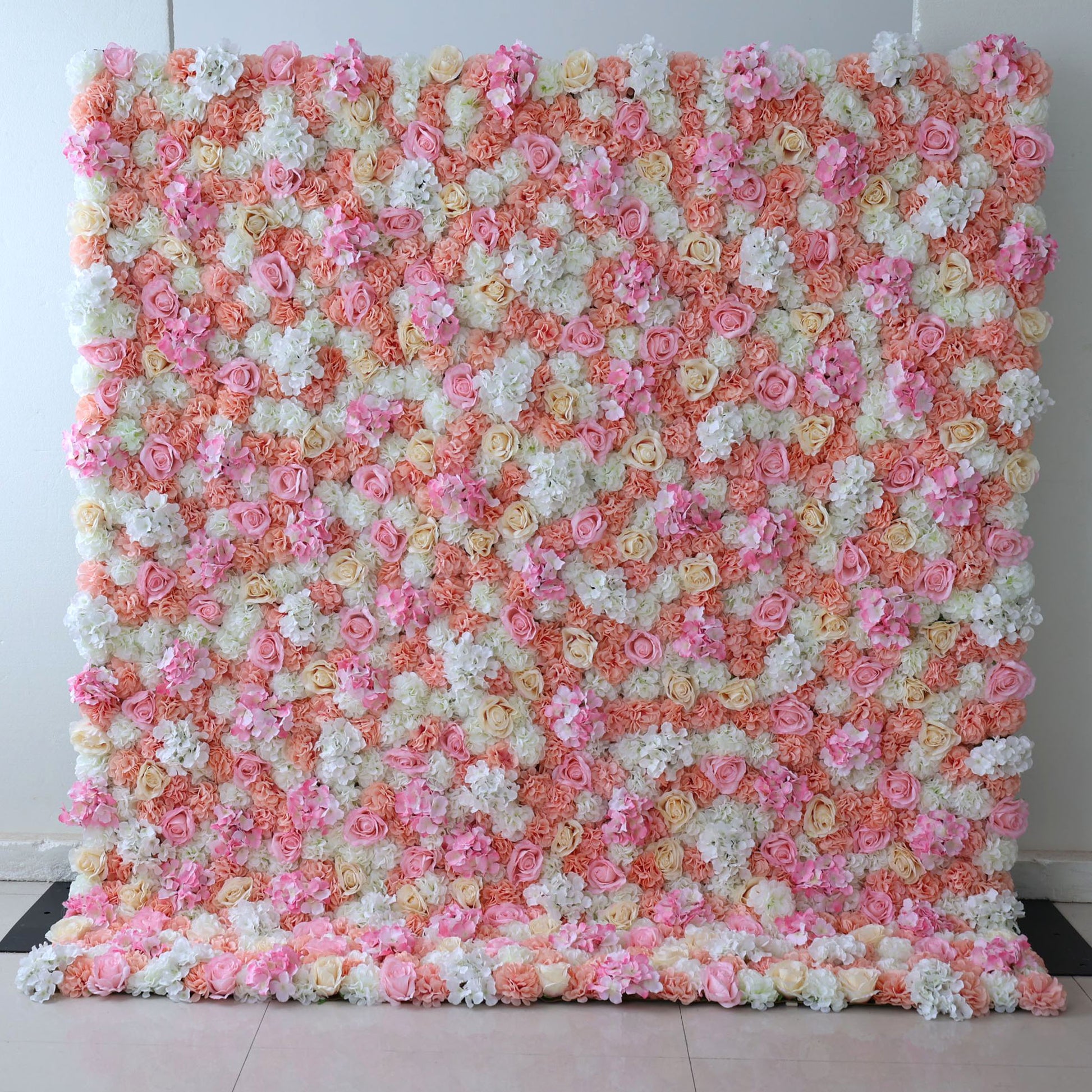 ValarFlowers faux flower wall backdrop with pink roses, peonies, hydrangeas and greenery - luxury wedding, party backdrop
