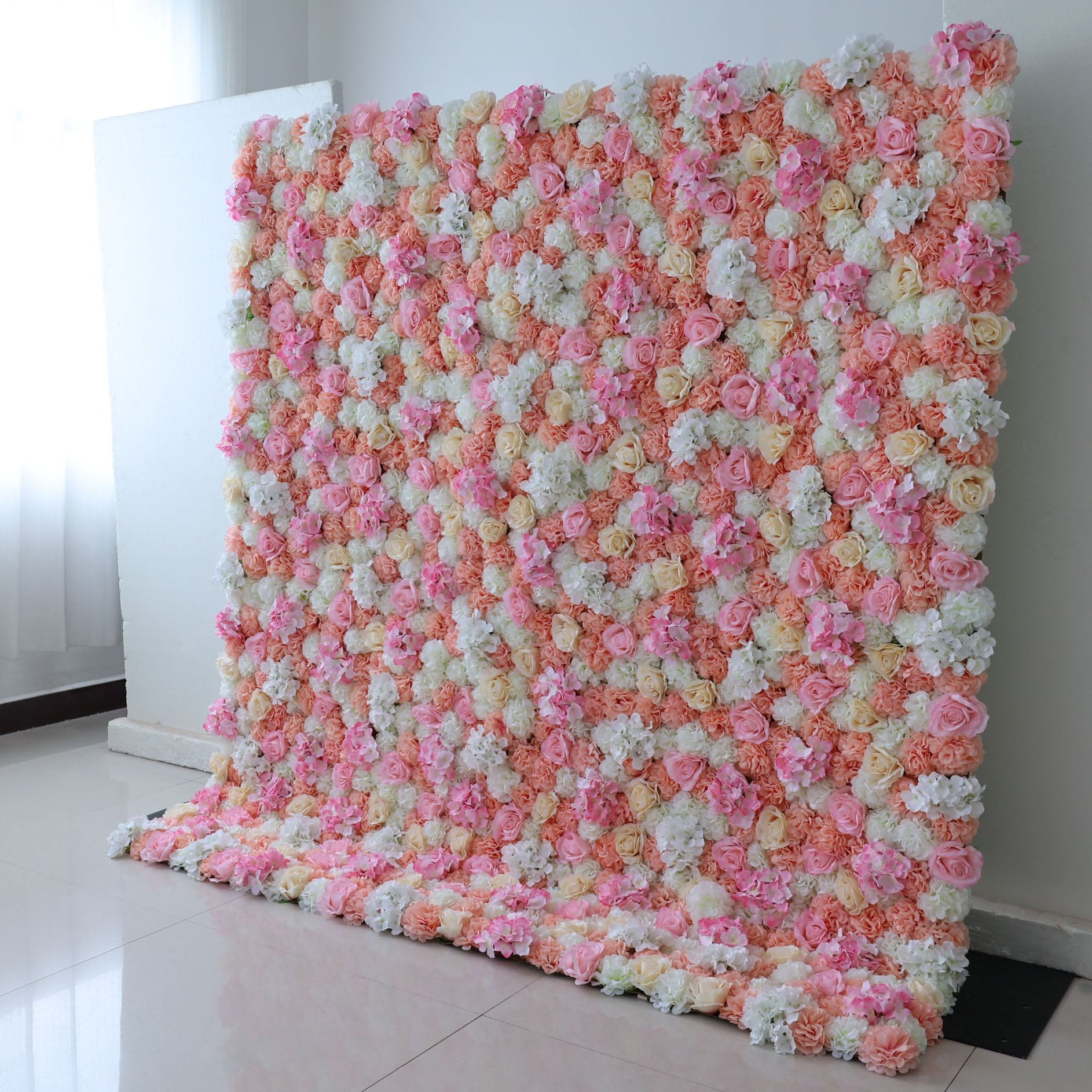 ValarFlowers artificial flower wall backdrop with lush pink roses, peonies, hydrangeas for wedding, event decor, photo booth, party