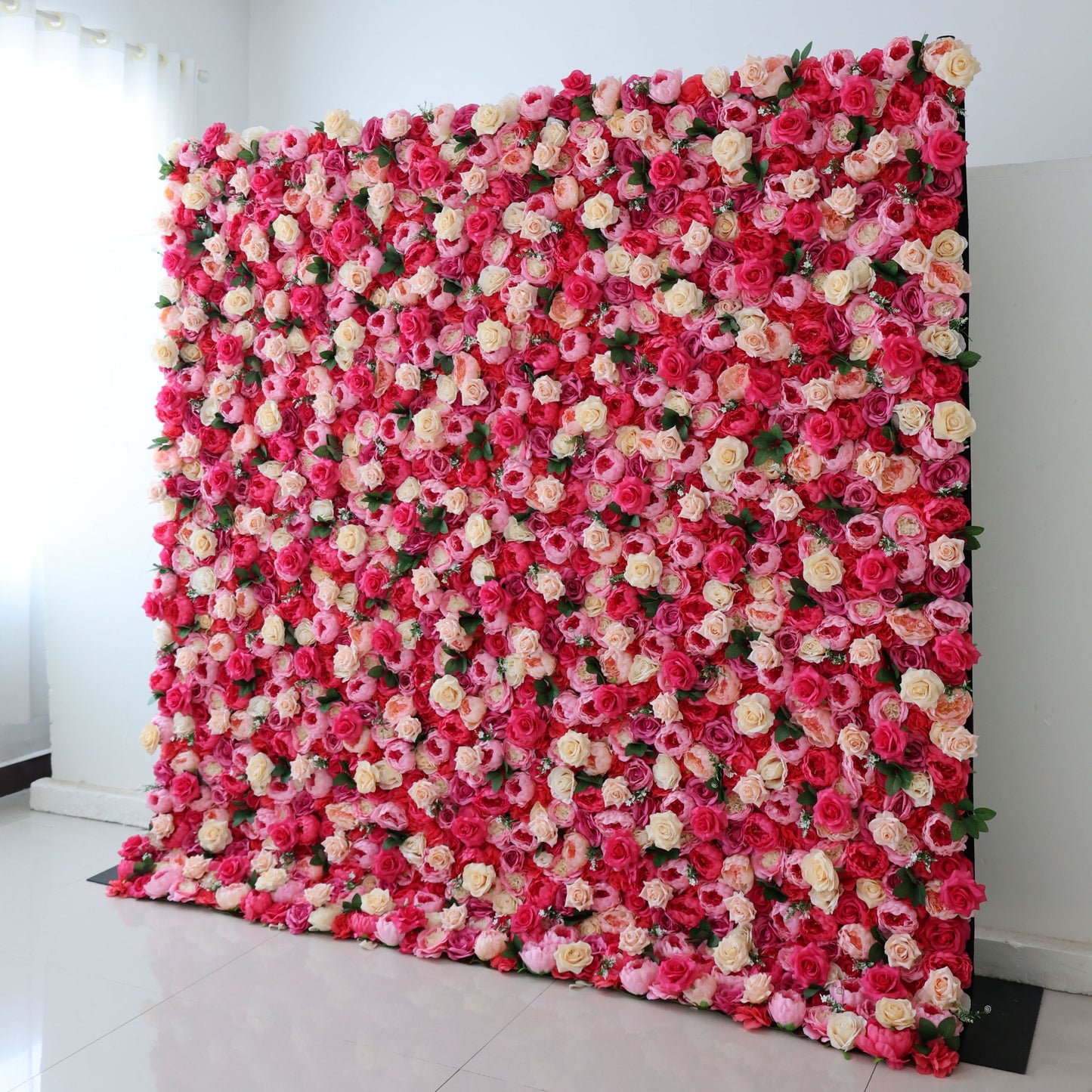ValarFlowers artificial flower wall backdrop with lush roses peonies hydrangeas in blush pink white for wedding party photo booth decor