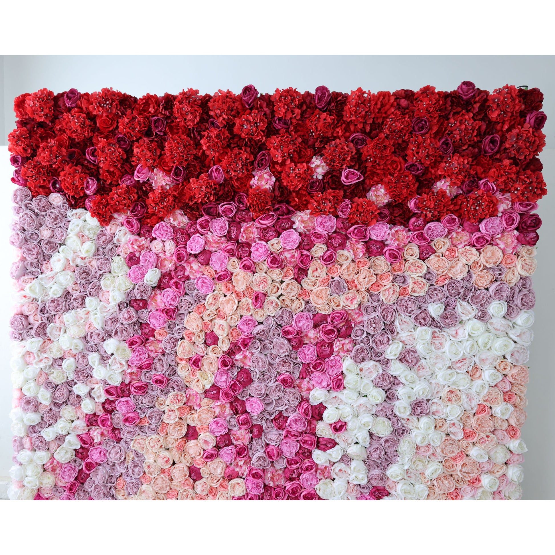 ValarFlowers red to pink white gradient artificial flower wall backdrop with roses peonies hydrangeas for wedding event decor