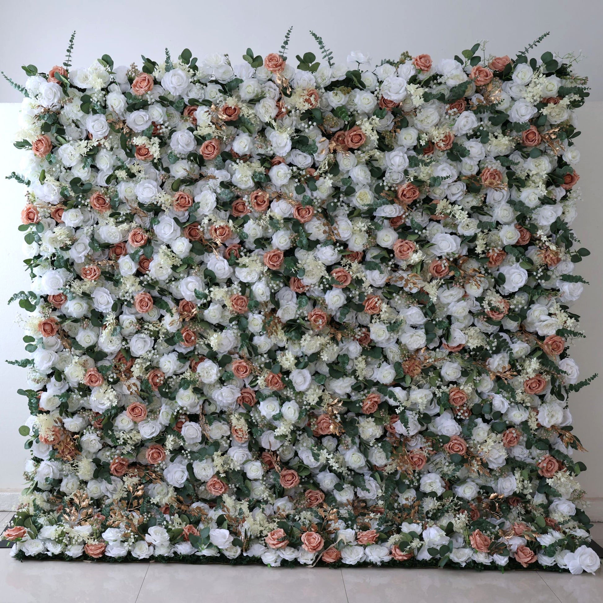 ValarFlowers luxury artificial flower wall with cascading roses, peonies and hydrangeas in soft pink and ivory, dense silk floral panel for wedding backdrop, party or event decor