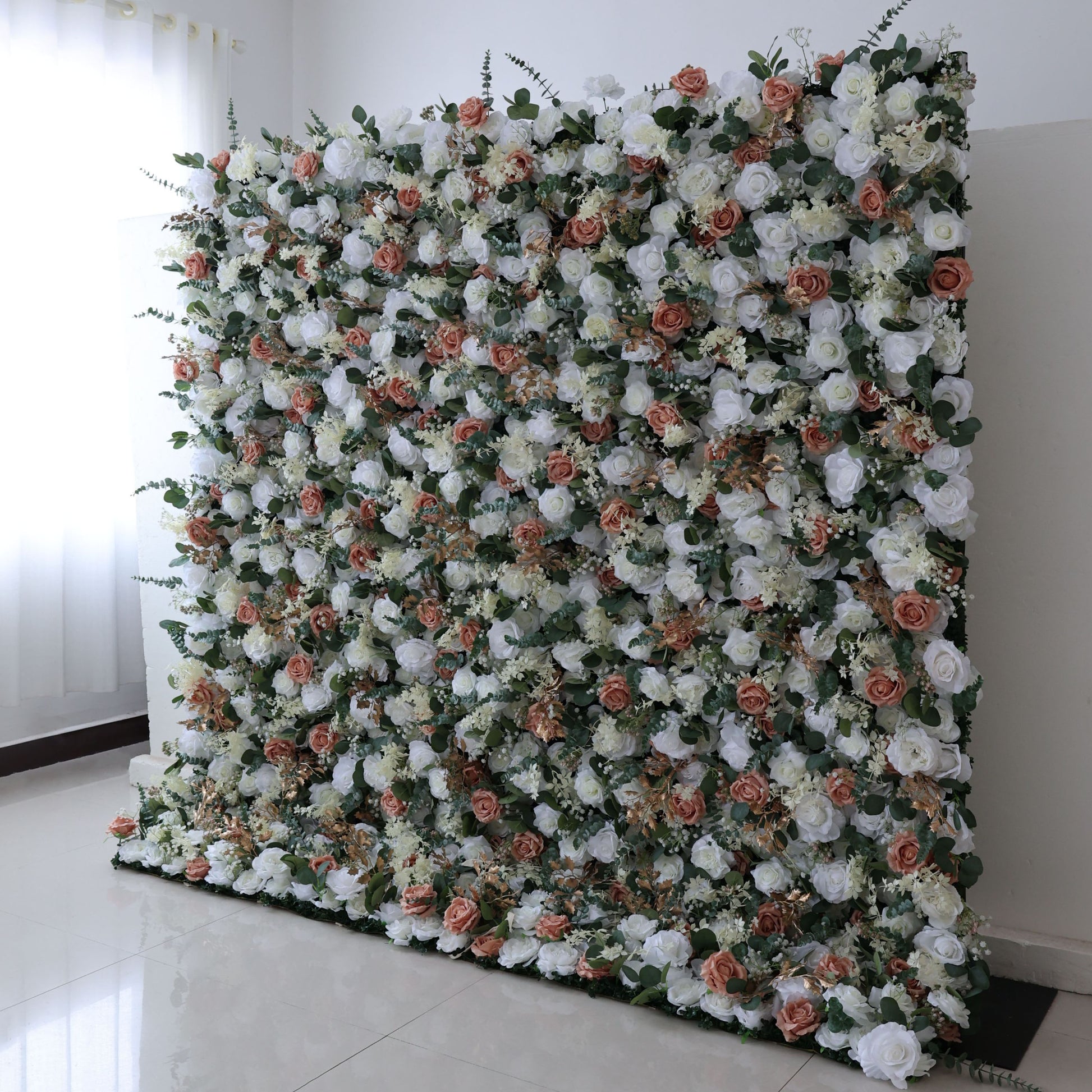ValarFlowers artificial flower wall backdrop with lush roses, peonies, hydrangeas and greenery for wedding, event and party decor