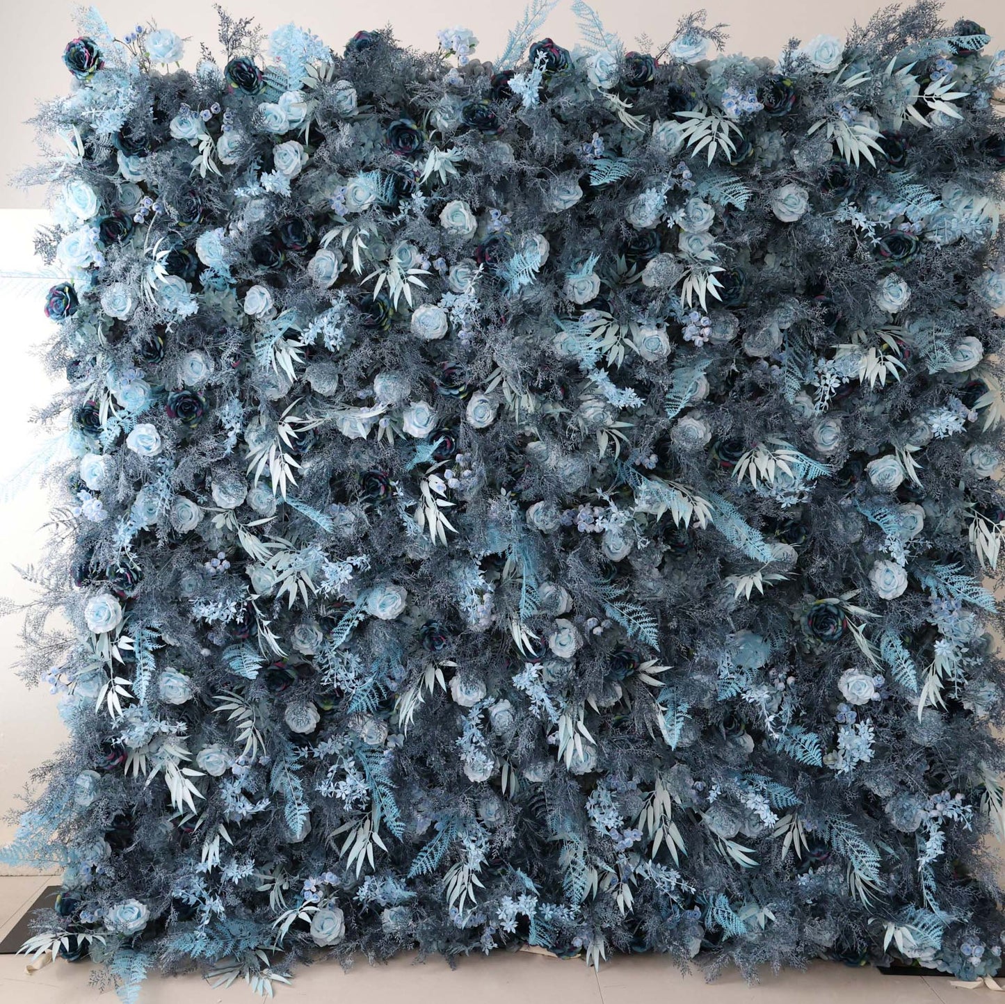 ValarFlowers dusty blue artificial rose flower wall backdrop with lush foliage for wedding reception decor and photo booth