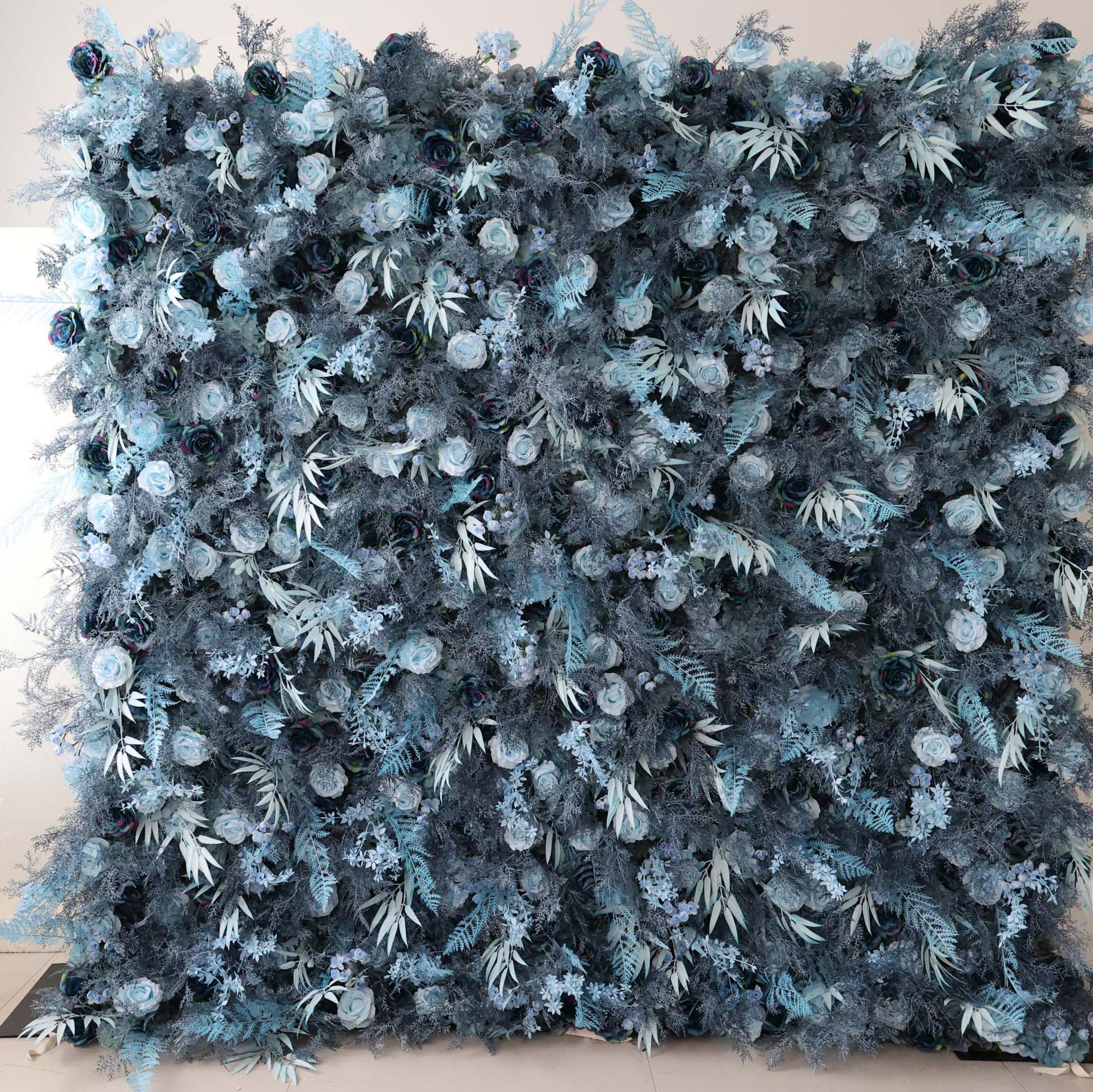 ValarFlowers dusty blue artificial rose flower wall backdrop with lush foliage for wedding reception decor and photo booth